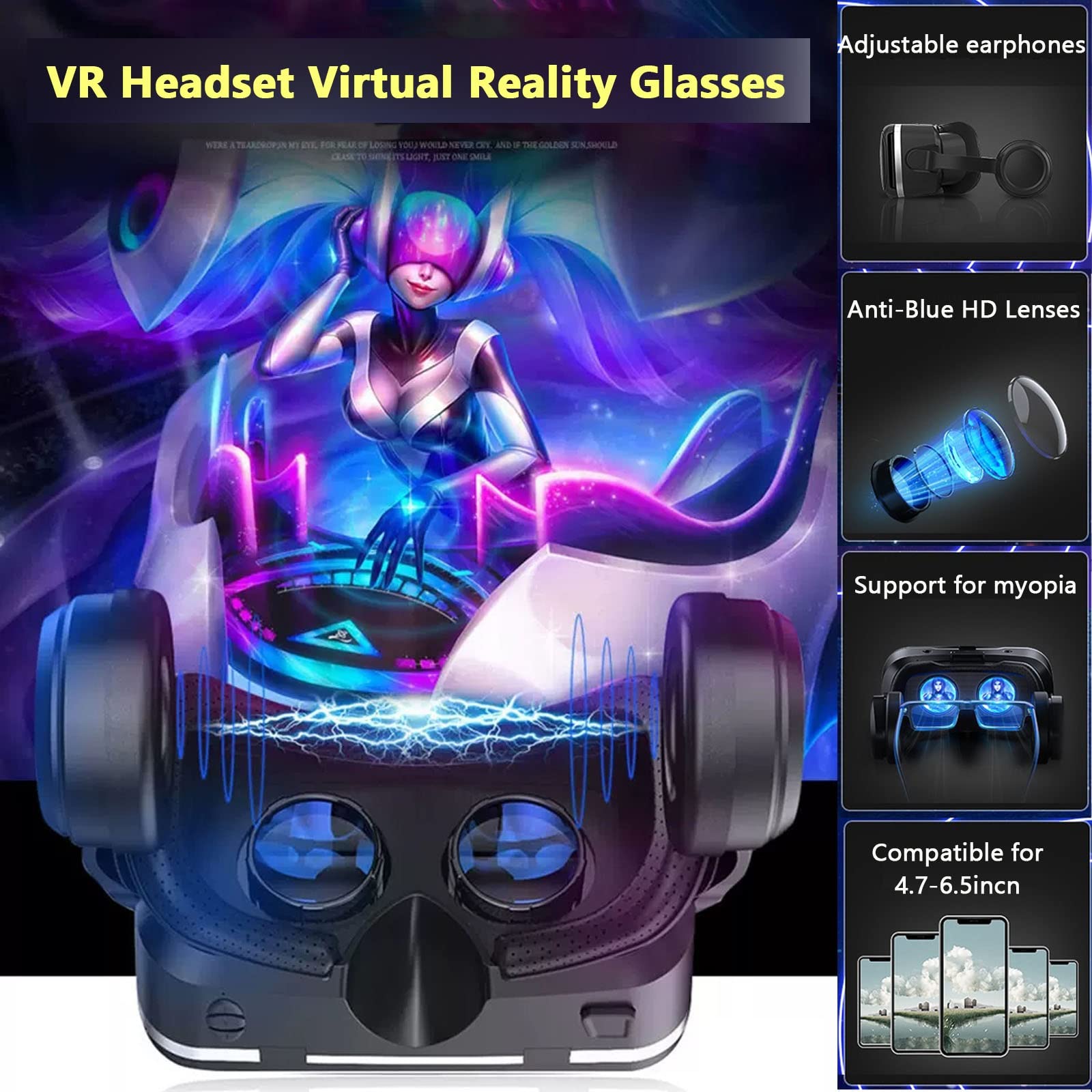 Occhiali VR 3D Visore Realtà Virtuale con Cuffie e Controller, Occhiali Virtuali 3d per Giochi e Film, VR Headset Compatibile con Tutti Gli Smartphone da 4.7-6.5 Pollici, Regali di Natale Particolari
