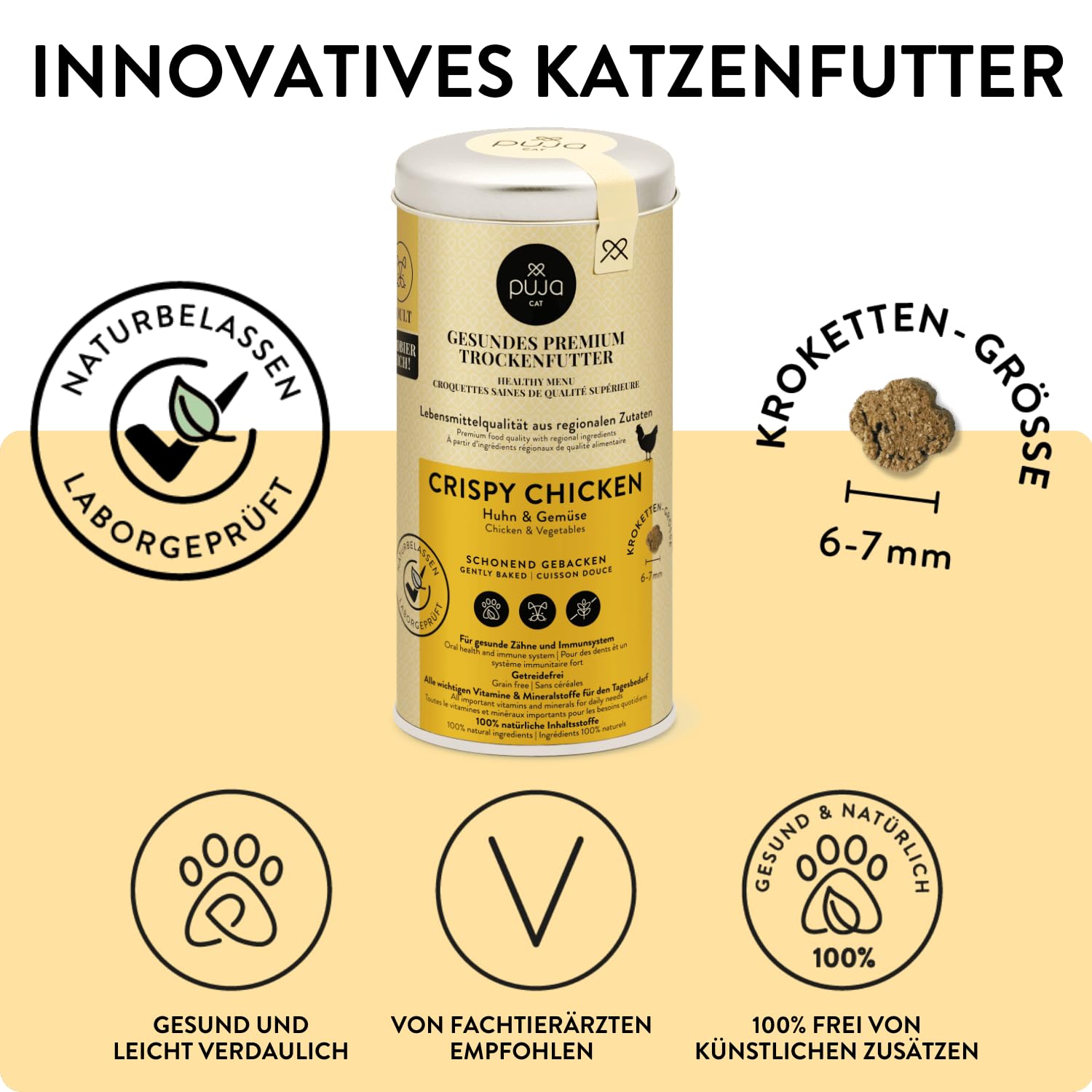 PUJA Premium Trockenfutter für Katzen Crispy Chicken 2x250g - 100% natürliche Inhaltsstoffe & für Sensible Katzen geeignet - mit Tierärzten entwickelt für die Gesundheit