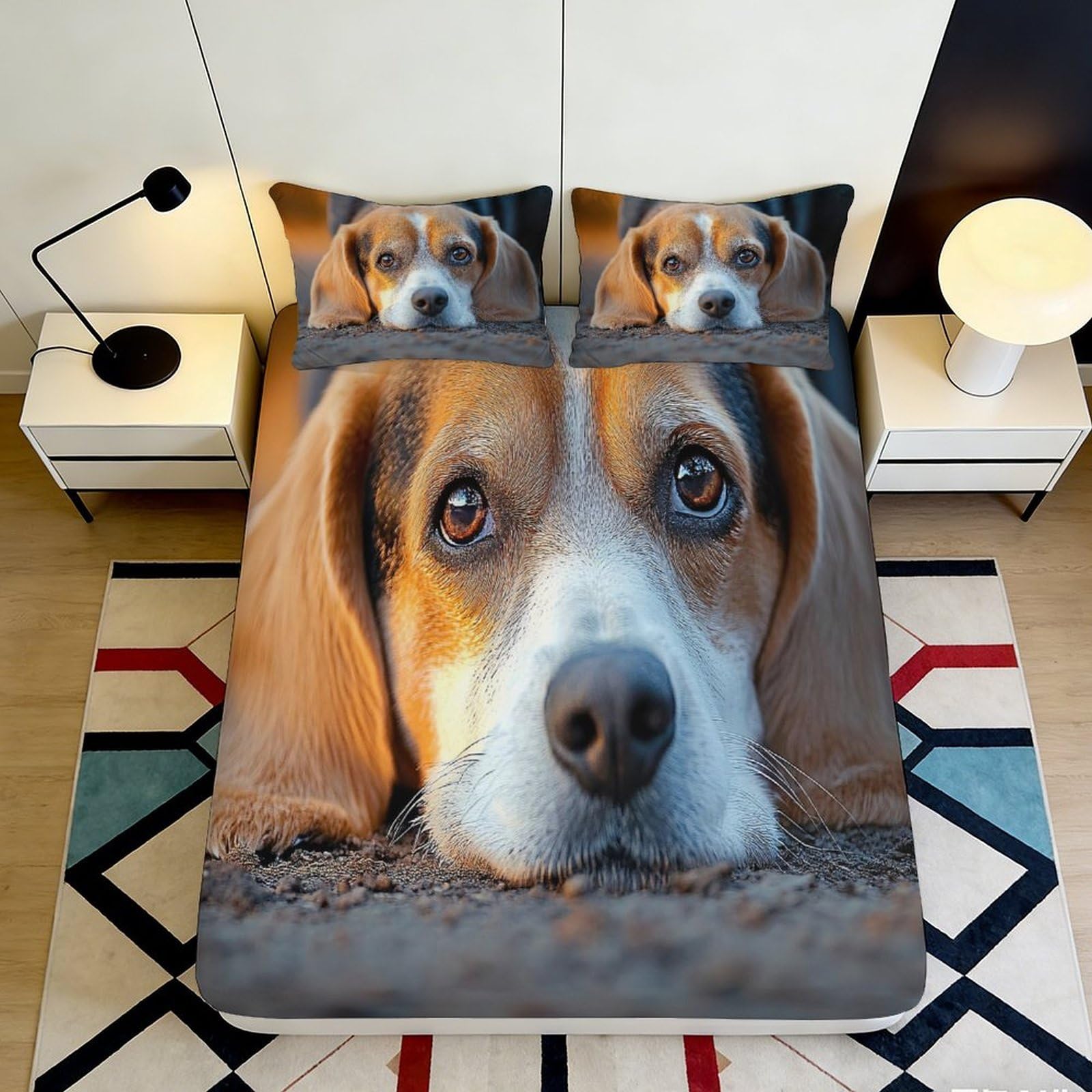 3D Printed Beagle Dog Fitted Sheet Microfiber Soft Breathable Canine Face Bed Cover for Bedroom Dormitory Guest Room Mattress Protection Decor 200x200x25cm