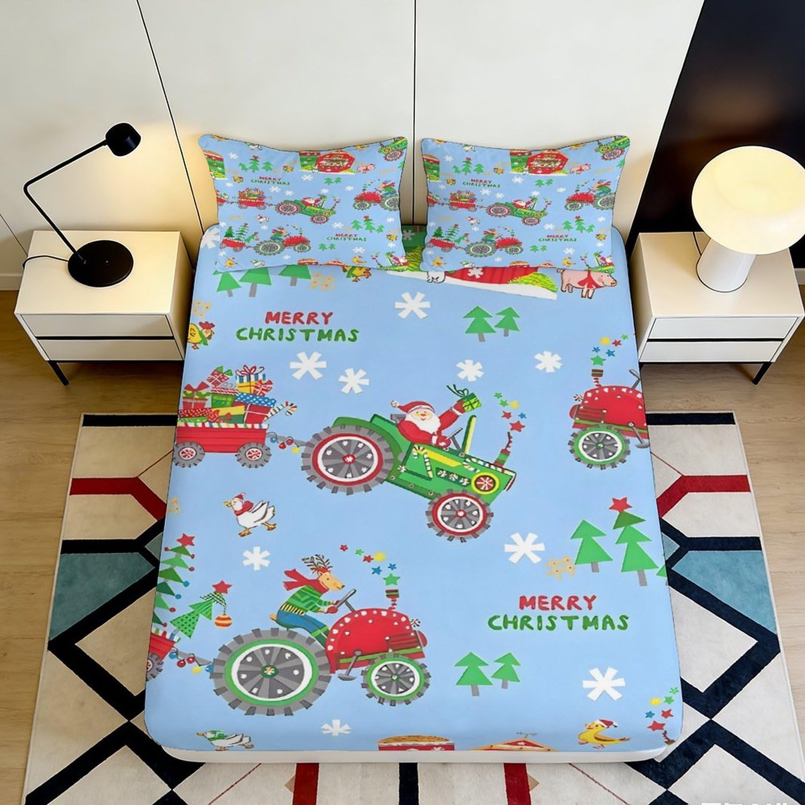 Jqzkxnhpbr Style-5 3D Printed Christmas Tractor Fitted Sheet Microfiber Red Green Santa Claus Bed Cover For Bedroom Guest Room Decor 90X200x25cm