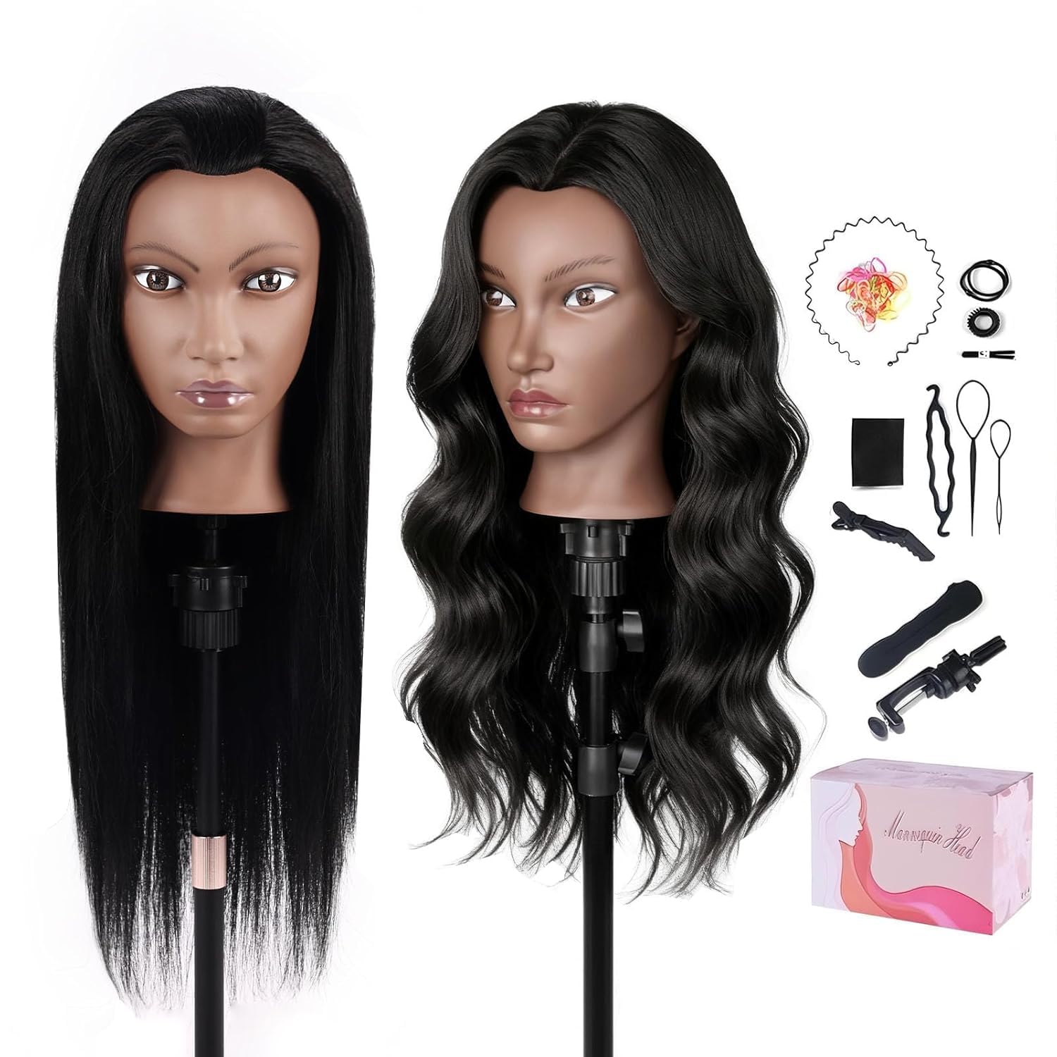 Friseur Übungskopf 100% Echthaar, 66 cm / 26 Zoll Mannequin Kopf mit Haaren, Friseurkopf Trainingskopf mit Klemme & Zubehör, Frisierpuppe für Schneiden, Flechten, Styling (Schwarz)