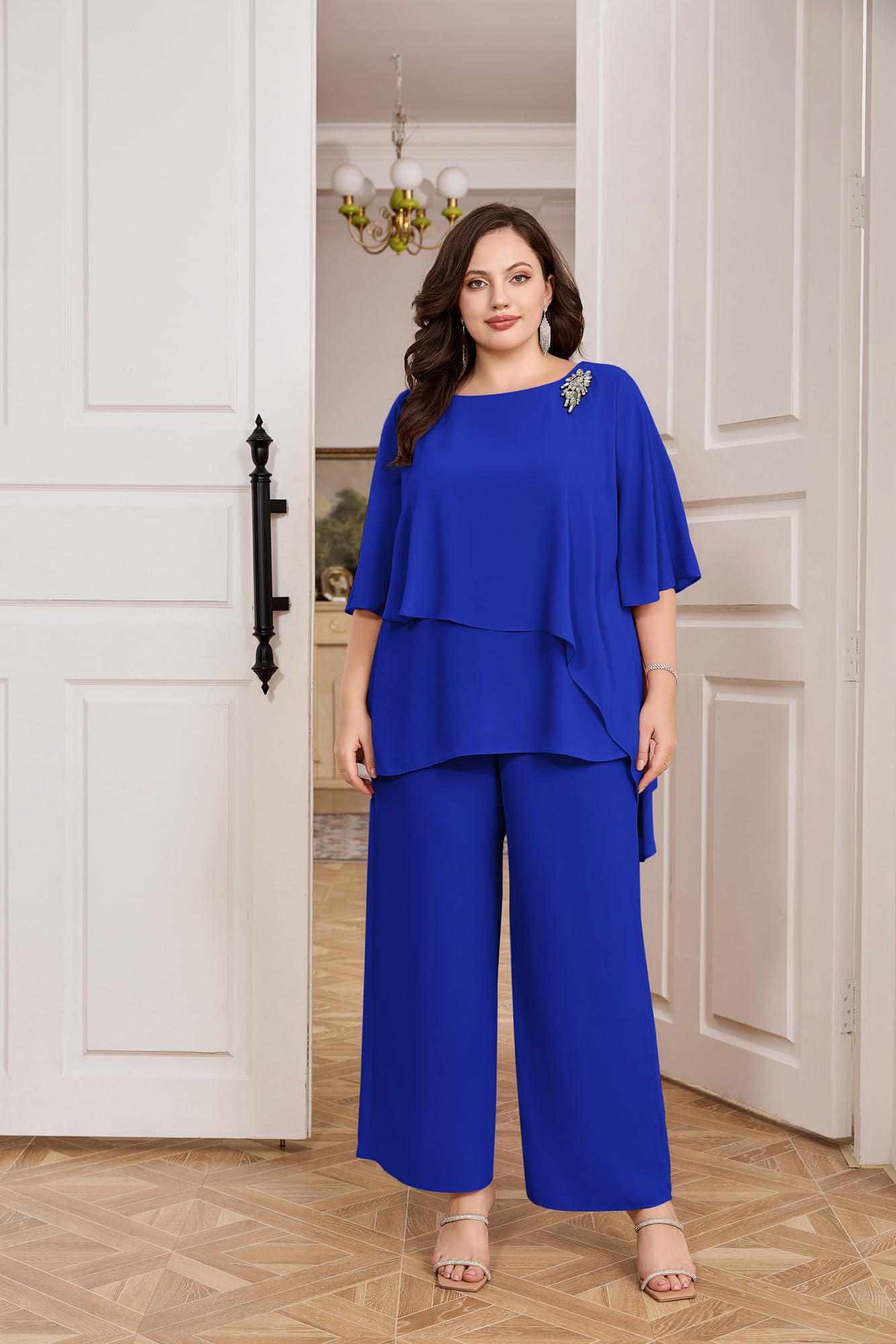 Hanna Nikole 2-teiliges Chiffon-Set für die Brautmutter in Übergröße, Rüschenschichten, Hochzeitsgäste-Outfit