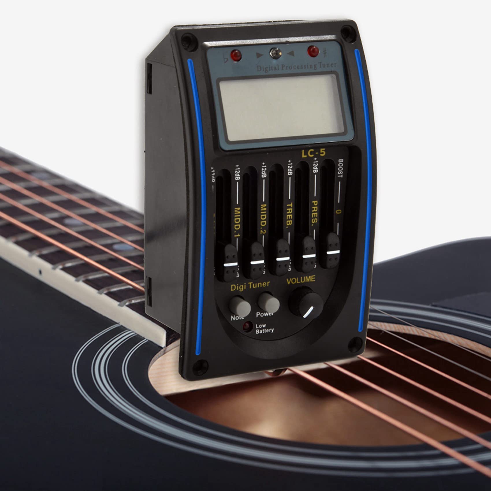 5-Band Equalizer Tonabnehmer Akustik Gitarren Vorverstärker Tuner mit LCD Display und Lautstärke Regler LC-5, Schwarz