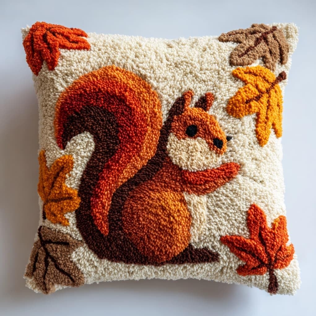 Henypt Latch Hook Cushion Kits for Adults 43x43cm,Maple Leaves and Squirrels Creative Latch Hook Pillow Case Kit for Christmas Home Sofa Decoration