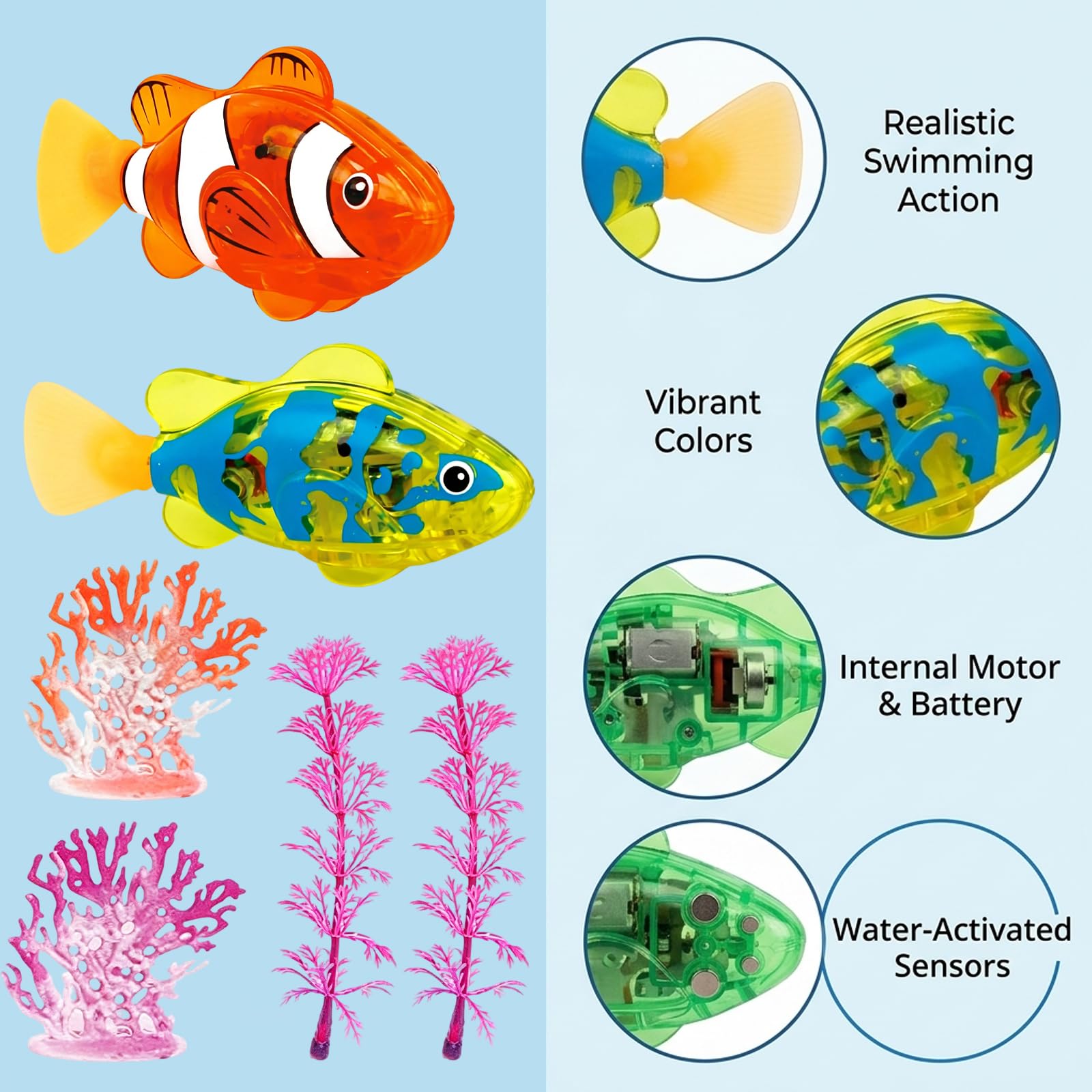 2 Pcs Robo Fishs Robot Fish with 2 Pcs Simulation Seaweed and 2 Pcs Simulation Coral, Bath Fish Swimming Set, Auto Swim in Water, Realistic Movement for Bath Time Fun — view 4