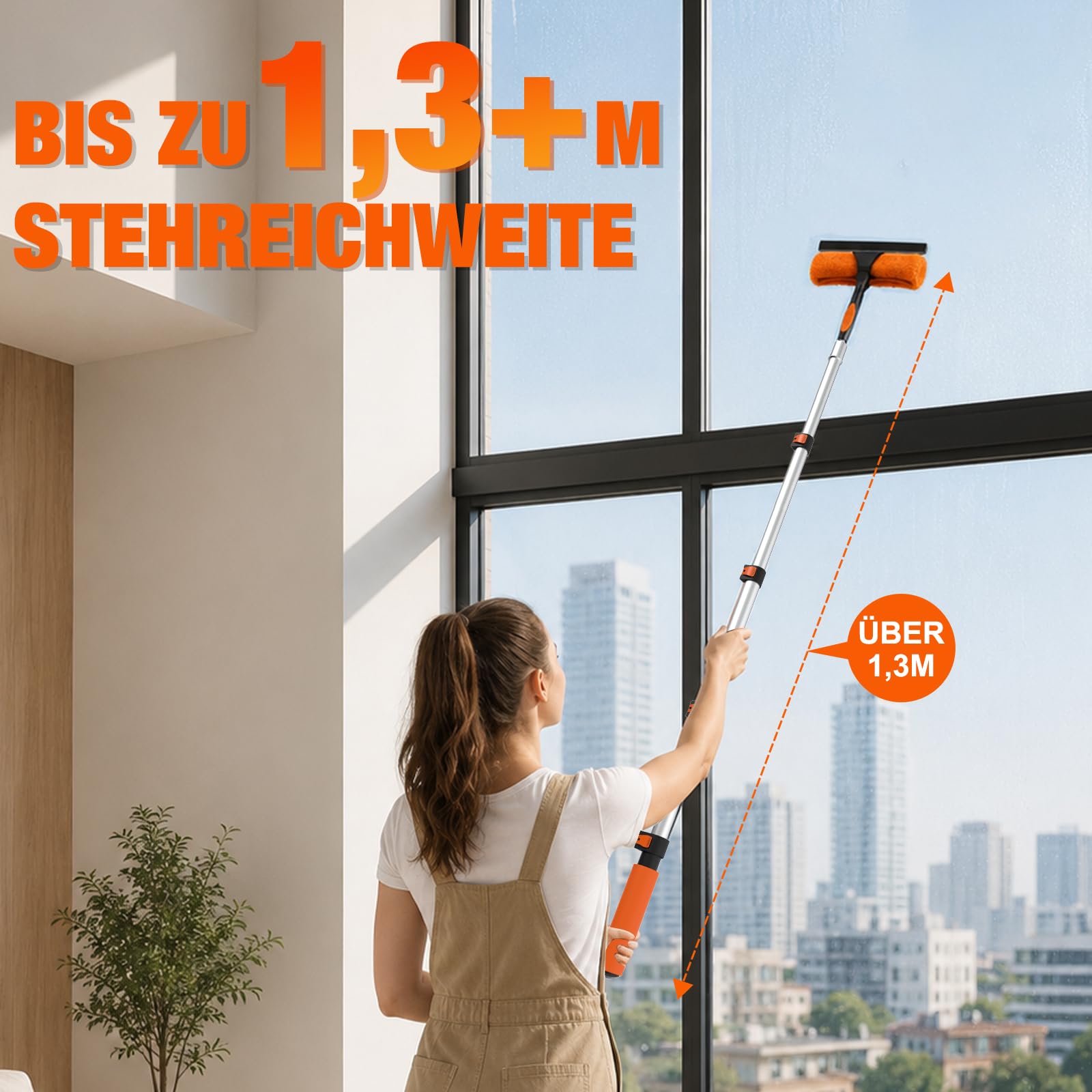 LAANPOLE 1,3m Fensterputzer Teleskop, 2-in-1 Fensterabzieher für die Fensterreinigung, Fensterwischer mit Teleskopstiel für den Außen- und Innenbereich