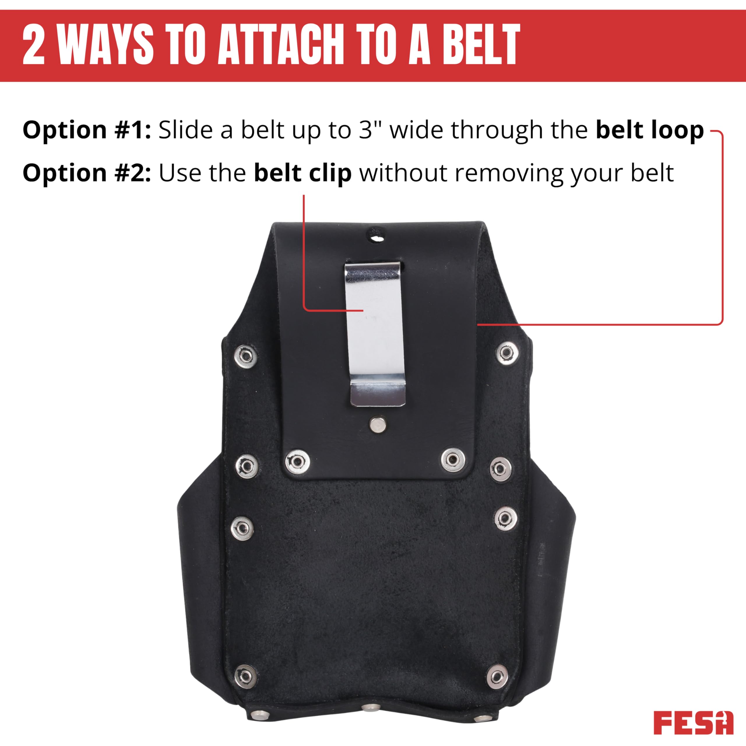 FESA Piccola borsa per attrezzi da elettricista, in pelle, 7 in 1, con metro a nastro in acciaio o clip per trapano, catena a T e 5 tasche, clip su qualsiasi cintura, realizzata a mano