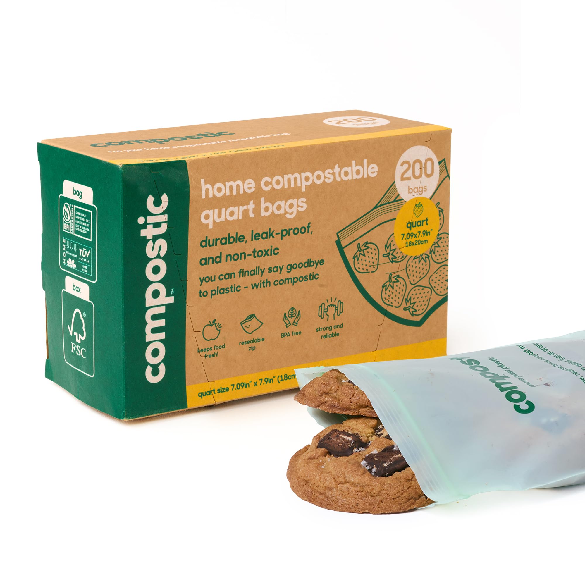Compostic Compostable Quart Bags, 200 Ct, Resealable Zip Food Storage Bags