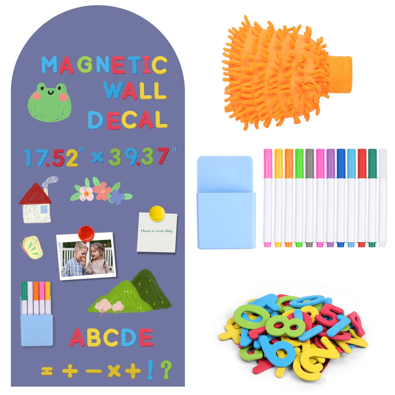 DiULi Tableau Magnetique Mural Enfant 44.5 x 100 cm, Tableau Aimante 2 en 1 Autocollant, Kit Complet avec 12 Marqueurs Craie Liquide, pour l'Apprentissage et la Creativite, Bleu