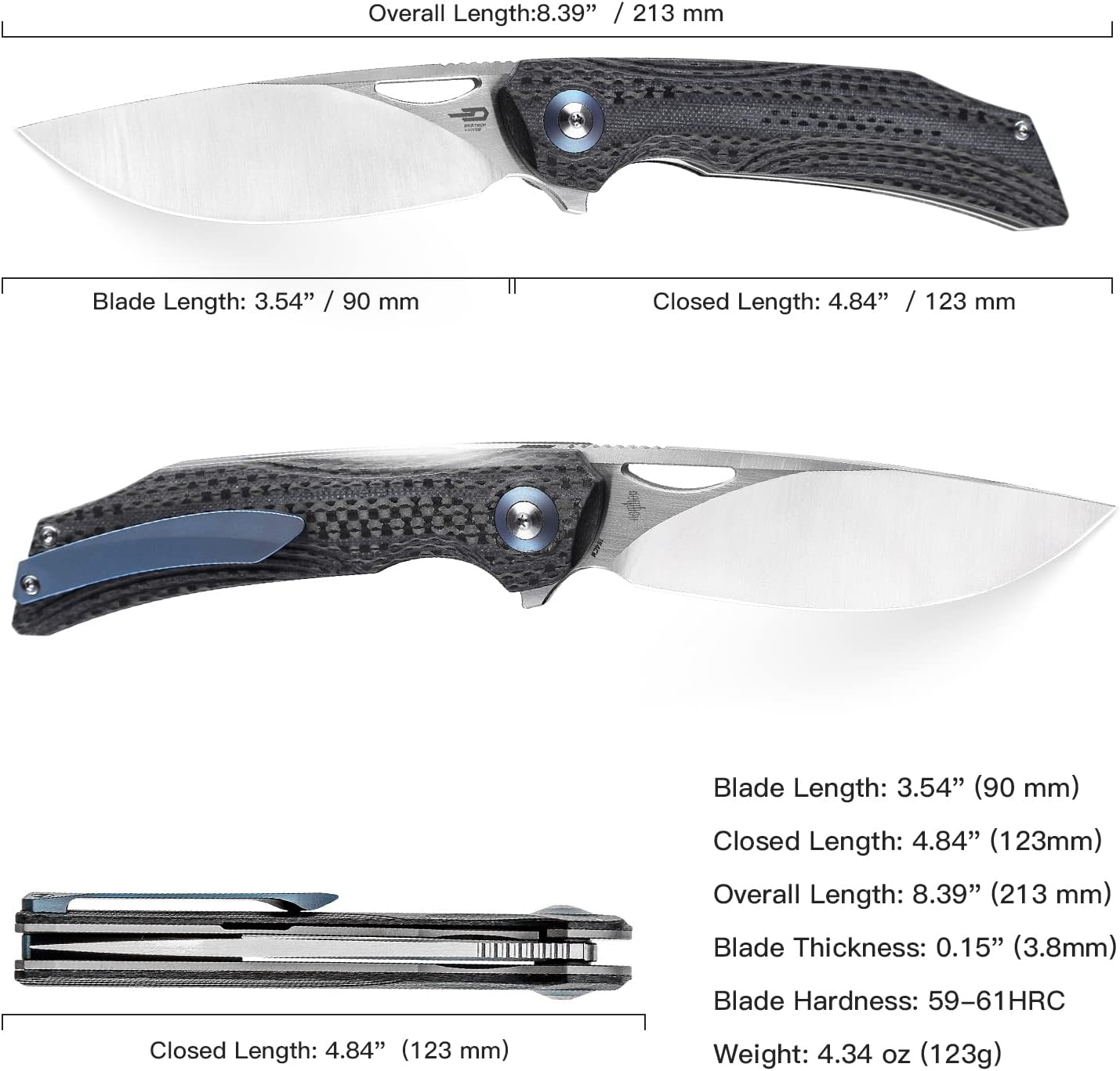 BESTECH KNIVES Pocket Folder Folding Knife: 3.54" 154CM Steel Satin Blade, Carbon Fiber and G10 Scales, Flipper, Liner Lock, EDC Titanium Clip, BL01A (Black Desert)