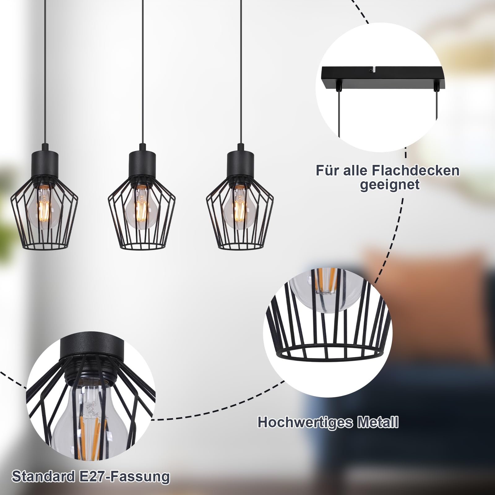 Pendellampe 3 Flammig Hängeleuchte Metall - Hängelampe Schwarz E27 Esszimmer Pendelleuchte Esstisch Küchenlampe Industrie LED für Flur Schlafzimmer Wohnzimmer Cafe