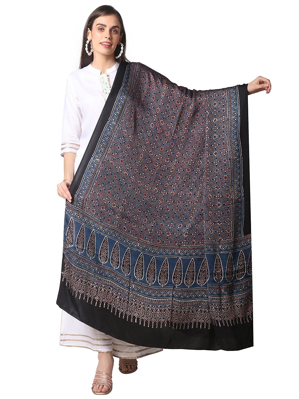 dupatta bazaar Women's Blue Modal Silk Handblock Printed Ajrakh Dupatta-picture-26