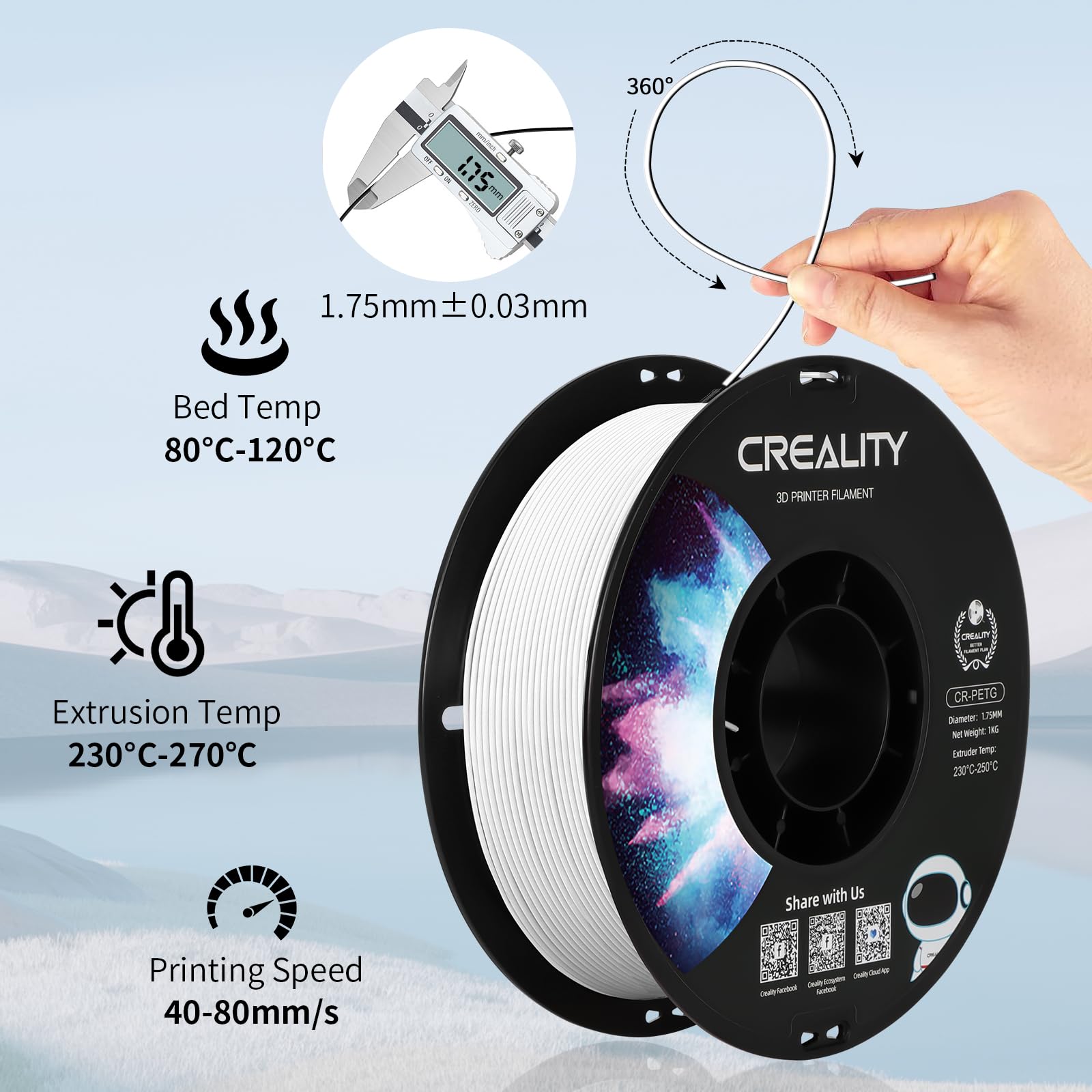 Creality Filamento PETG 1,75 mm, Ufficiale Filamento Stampante 3D Che Non si Aggroviglia, Forte Legame e Prestazioni a Sbalzo Precisione Dimensionale +/-0,03 mm, 2,2 lbs/Spool, Bianco