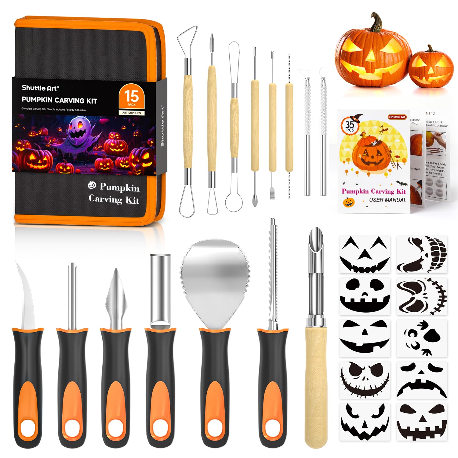 Shuttle Art 25 PCS Halloween Pumpkin Carving Kit, 15 PCS Professional Premium Quality Stainless Steel Pumpkin Carving Tool Set with 10 Pumpkin Stencils Carrying Case for Kids Adults Sculpting Carving