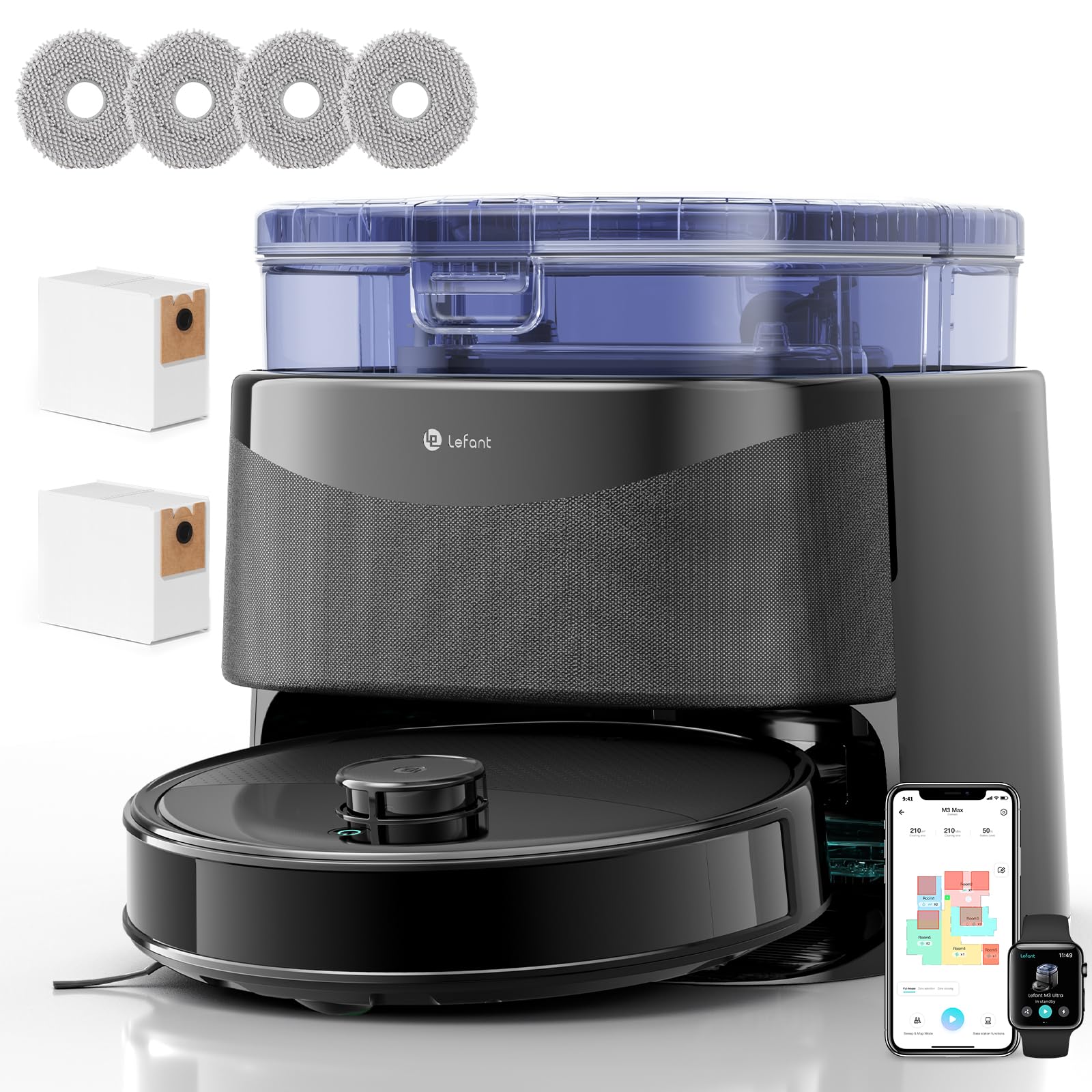 Lefant M3 Ultra Robot Aspirapolvere Lavapavimenti con Mappatura, 23000Pa, LiDAR dToF, Ostacoli PSD, Lavaggio a 75°C e Asciugatura, Stazione All-in-One, Autosvuotamento 3,2L, WiFi 2.4G/5G, Alexa/App