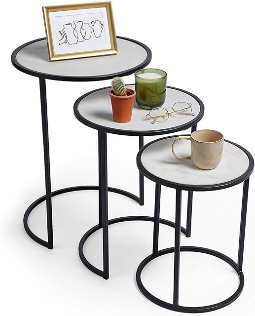 Beautify BTFY Nest of Tables - Marble Side Tables Set of 3, White & Black Round Multifunctional Accent Tables with Metal Frame, Living Room Coffee Tables