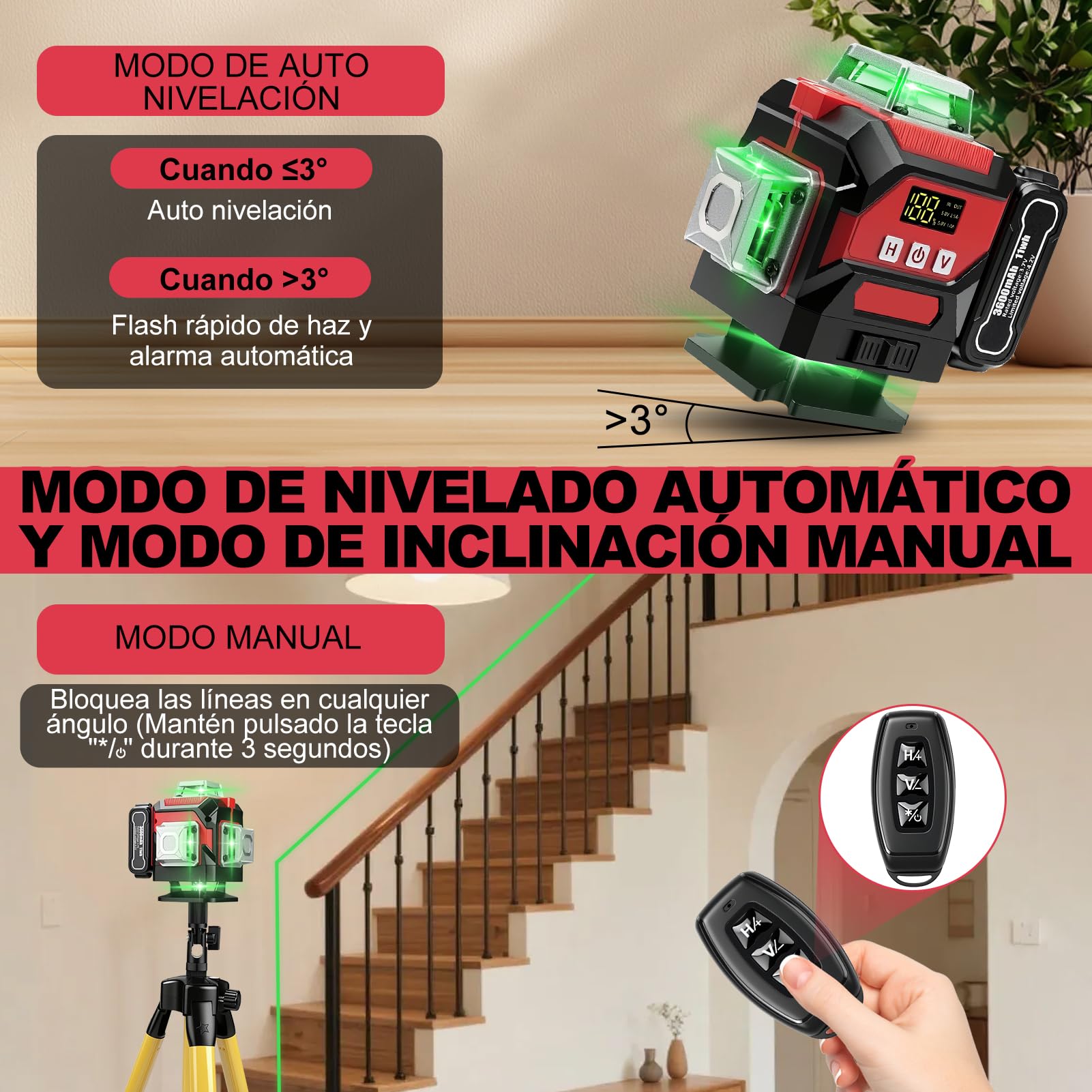 Nivel Laser Autonivelante 360 Grados, 4D 16 Líneas Nivel Laser Verde con Trípode, Digital Niveles LáSer con 3600 mAh x 3 baterías Recargables para Interiores, Obras