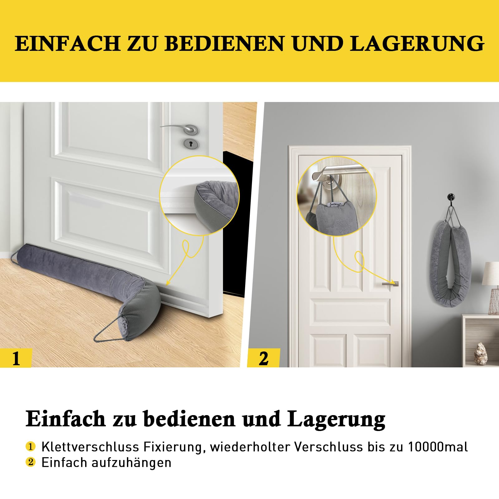 fowong Zugluftstopper für Türen 97x10 cm, Türdichtung zugluftstopper Extra Schwere-Waschbar-Isolierung, Fensterdichtung Luftstopper mit Selbstklebende Klebeband, Kalt Luft Insekt Licht Blockiert,Grau