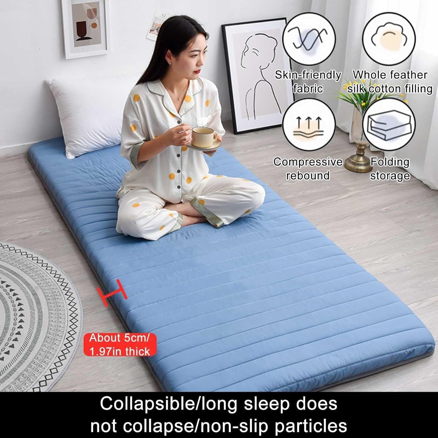 Matelas De Sol Simple avec Sac De Rangement sous Vide Réutilisable - Tapis De Tatami Japonais Matelas Futon en Coton Roulable Lit D'appoint Pliable Dortoir étudiant (90x190CM,Bleu)
