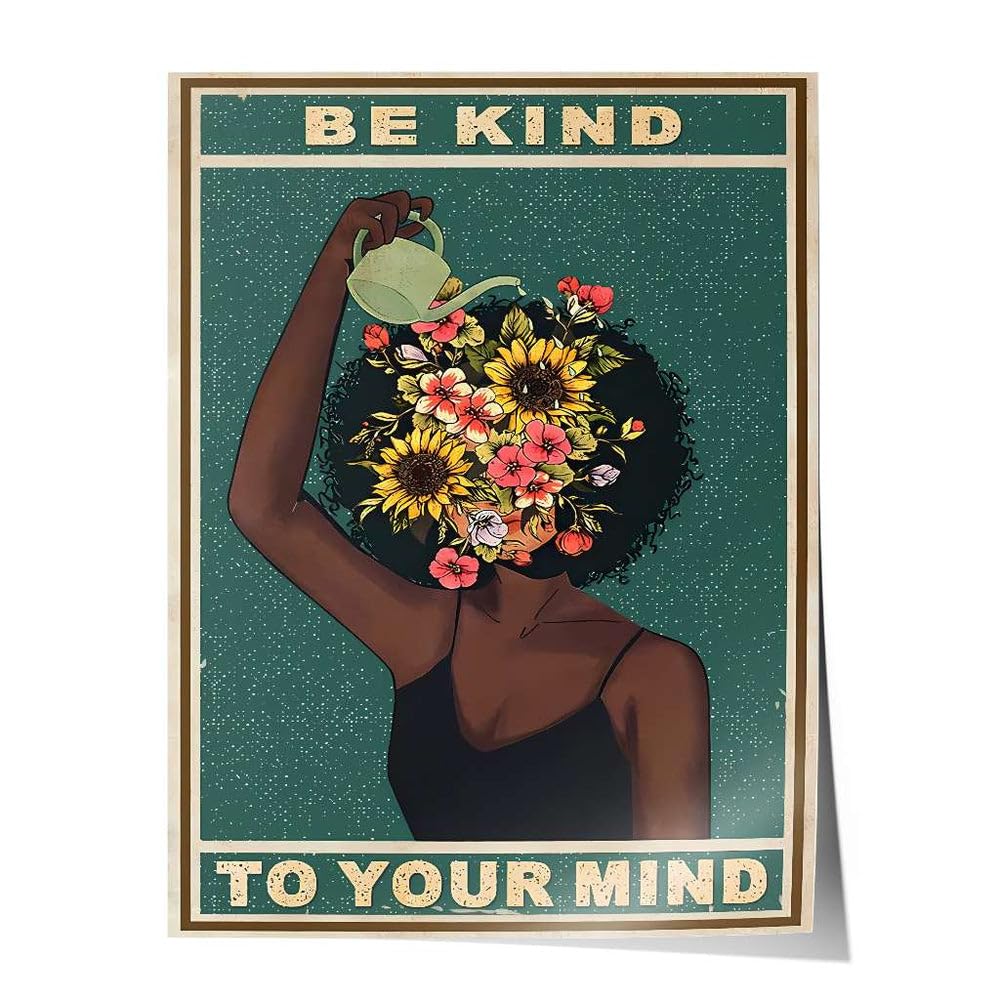 Be kind to your mind Poster, Achtsamkeit mentale Gesundheit Leinwand Bild, Retro Boho Wandbild in grün mit Blumen, Wohnzimmer Schlafzimmer Flur Wanddeko, positive Gedanken Selbstliebe Kunstdruck