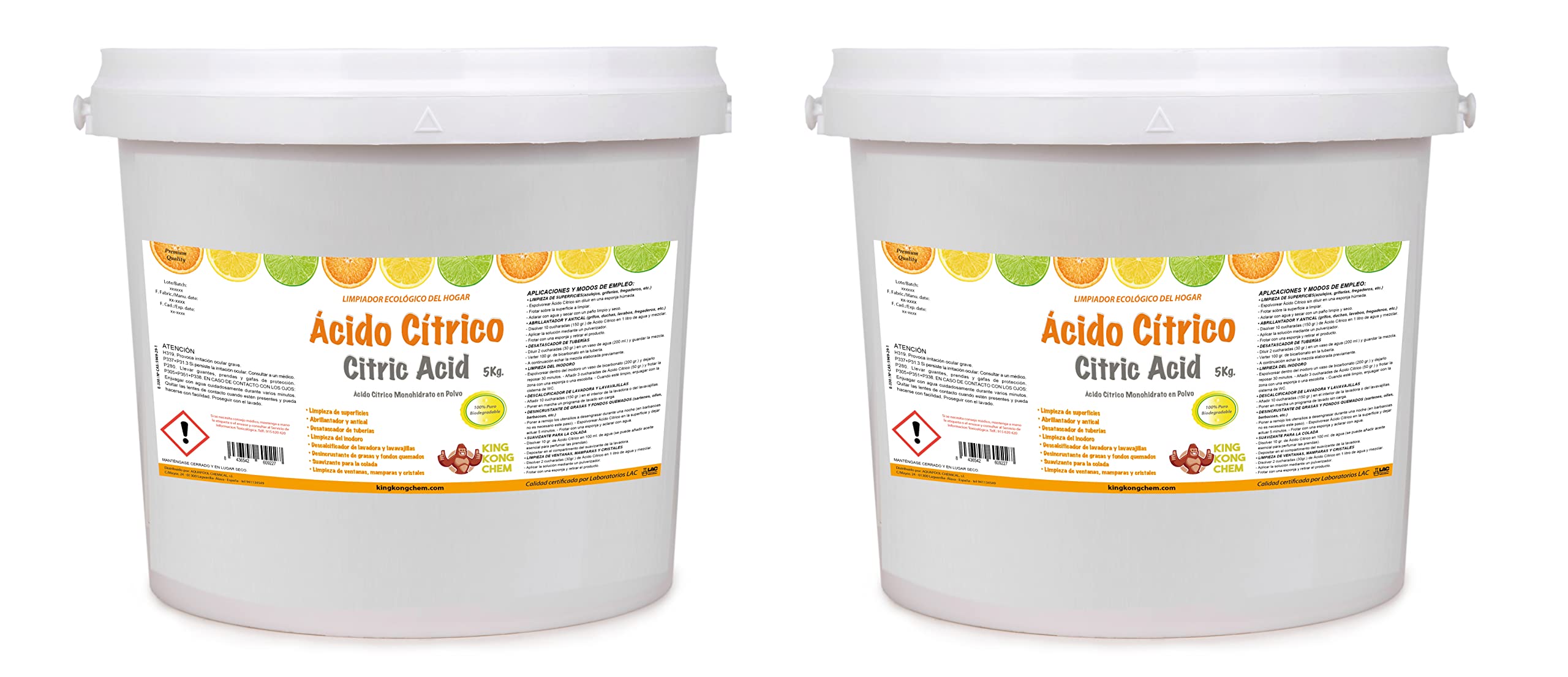 PACK 2 UDS - ÁCIDO CÍTRICO EN POLVO 10 KG (2x5 KG)– Limpiador del Hogar - 100% Puro y Biodegradable - Para Cocinas, Baños y Hogar en general