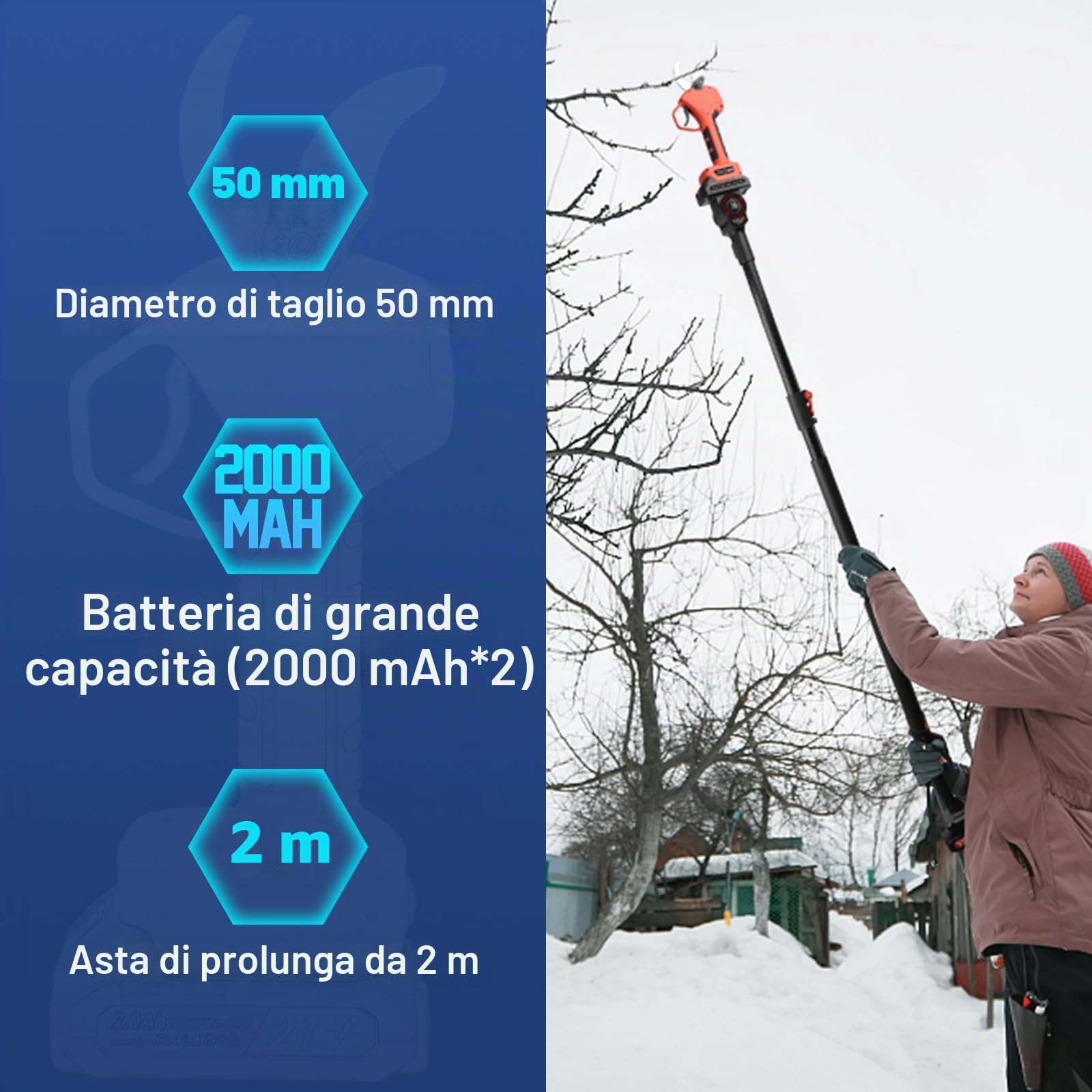 NUZEKY Forbice Potatura a Batteria 50mm con Asta di Estensione: Cesoie Potatura Elettriche Professionali Con2 21V/2000 mAh Batteria-Forbice Elettrica per Potatura con LCD Display per Jardinage,Olives