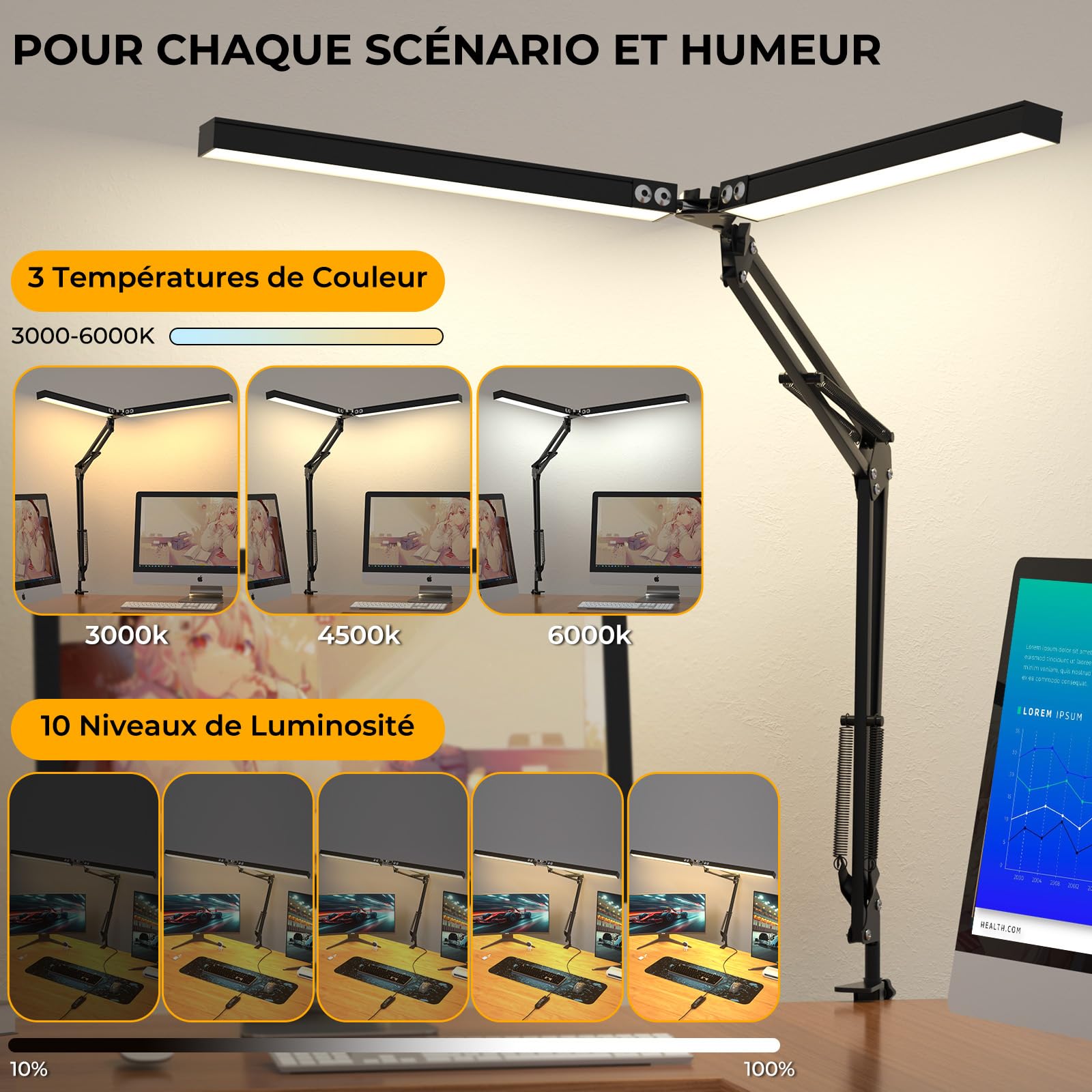 Lustaled 20W 2000LM Lampe de Bureau LED Pince Double Tête Dimmable | 3 Couleurs & 10 Luminosités, Protection des Yeux, Noir Lampe Bureau Puissante avec Prise pour Architecte, Ecran PC, Dessin