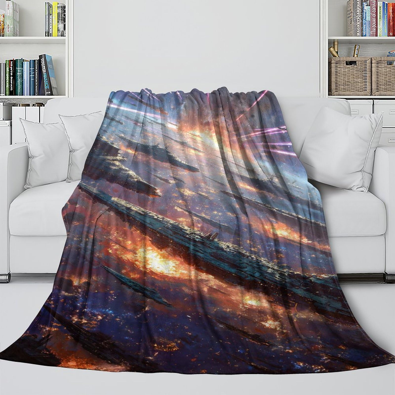 Digitaldruck Weltraum Planeten Galaxie Sci-Fi Thema Flanell Kuscheldecke, Kosmisches Kampfflugzeug Dicke Warme Decke Geschenkidee, 70x80inch(180x200cm)