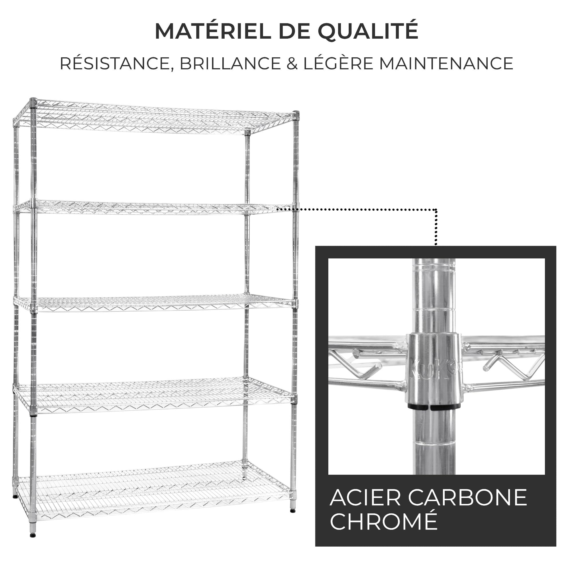 KuKoo Etagère en Fil d'acier Chromé 1000KG - 60 x 120 x 180cm - Pied de Nivellement - Rangement Garage, Cuisine, Atelier, Entrepôt, Organisation Rayonnage - 5 Niveaux Ajustable - 100% sans Boulons