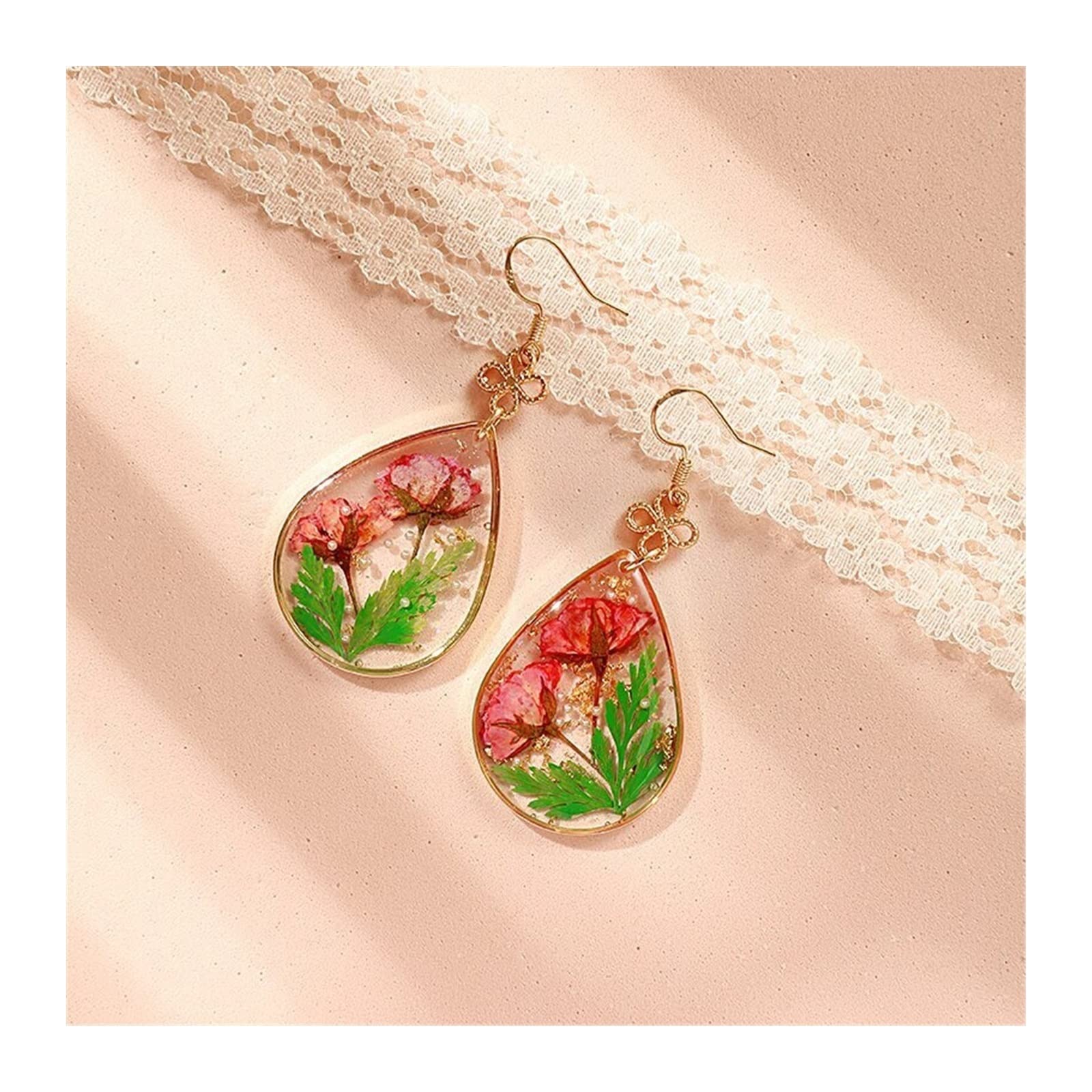 Boucles d'oreilles géométriques pour femmes avec véritables fleurs pressées