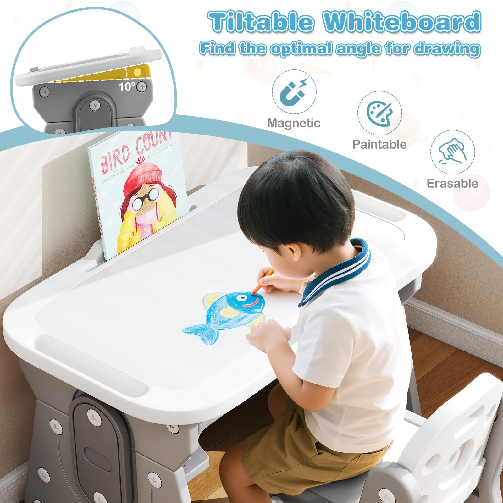 FANTASK Tavolo per bambini con sedia, regolabile in altezza, con piano inclinabile, tavolo per bambini con sedia e spazio di archiviazione, set con accessori per ragazzi e ragazze dai 3 anni, grigio