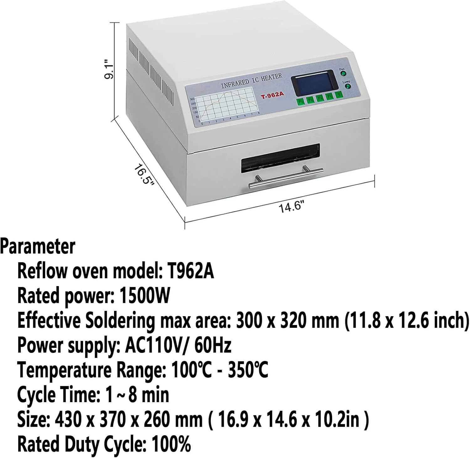 SMT Intelligent Reflow Oven T-962A Reflow Soldering Machine Infrared Reflow Oven Effective Soldering Max Area 11.8 x 12.6 inch 110V 1500W