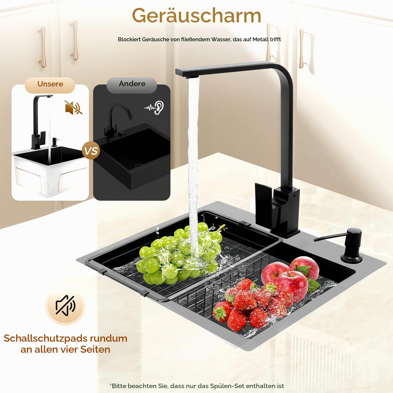Spüle Küche, Spülbecken Schwarz 45x40cm, Küchenspüle aus Edelstahl mit Armatur Set, Einbauspüle mit Abtropfkorb & Seifenspender, Moderne Spüle Küche (Mit Ohne Wasserhahn)