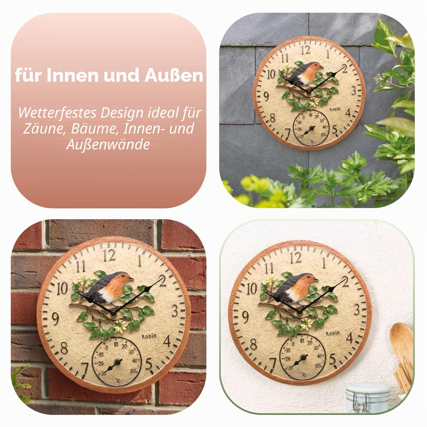 Garden Mile 30 cm Rotkehlchen-Gartenuhren für den Außenbereich, wasserdicht, mit Thermometer für Garten, analoge Außenuhren für Garten, wetterfest, Außenuhren für Küche, Wohnzimmer und Terrasse