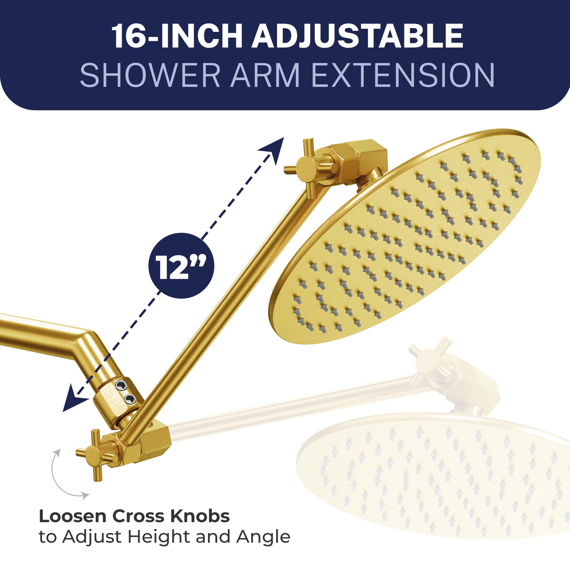 SenHodyu Adjustable Shower Head Extension Arm - 16 Inch Solid Brass, Polished Chrome, Universal Fit - View #2