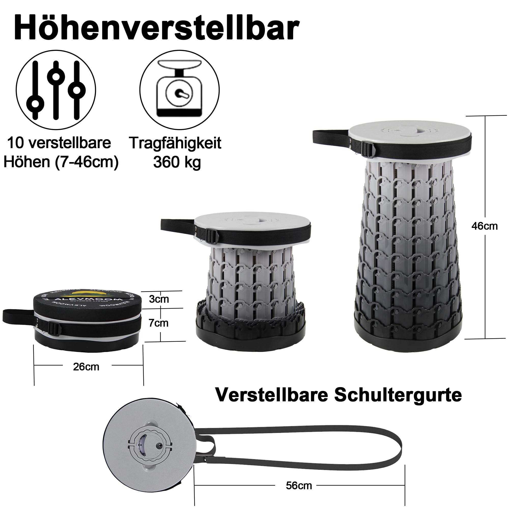 ALEVMOOM Sgabello telescopico portatile aggiornato, Sgabello pieghevole regolabile con cuscino spesso, Sgabello pieghevole portatile per campeggio all'aperto, giardino360 kg