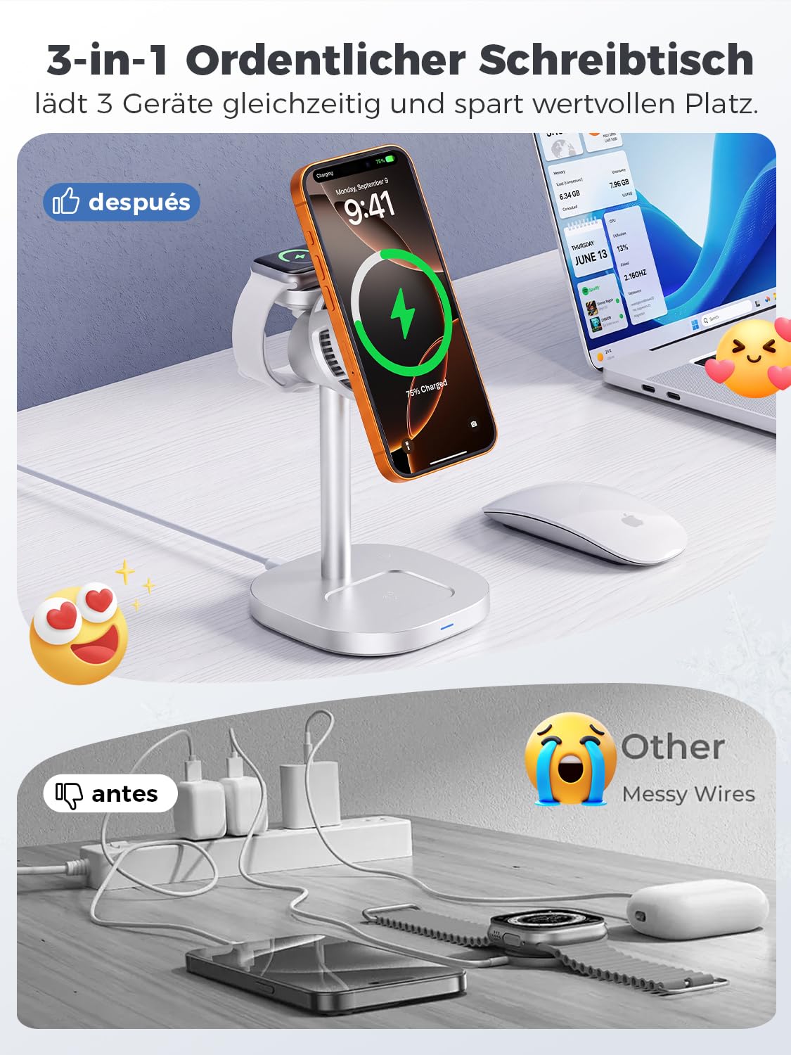 Qi2.2-25W MagSafe Ladestation, 3-in-1 kühlung tischladestation für iPhone | ladestation Apple Watch und iPhone, Wireless Charger für iPhone 17/Air, Airpods,induktive ladestation Samsung S26/S25