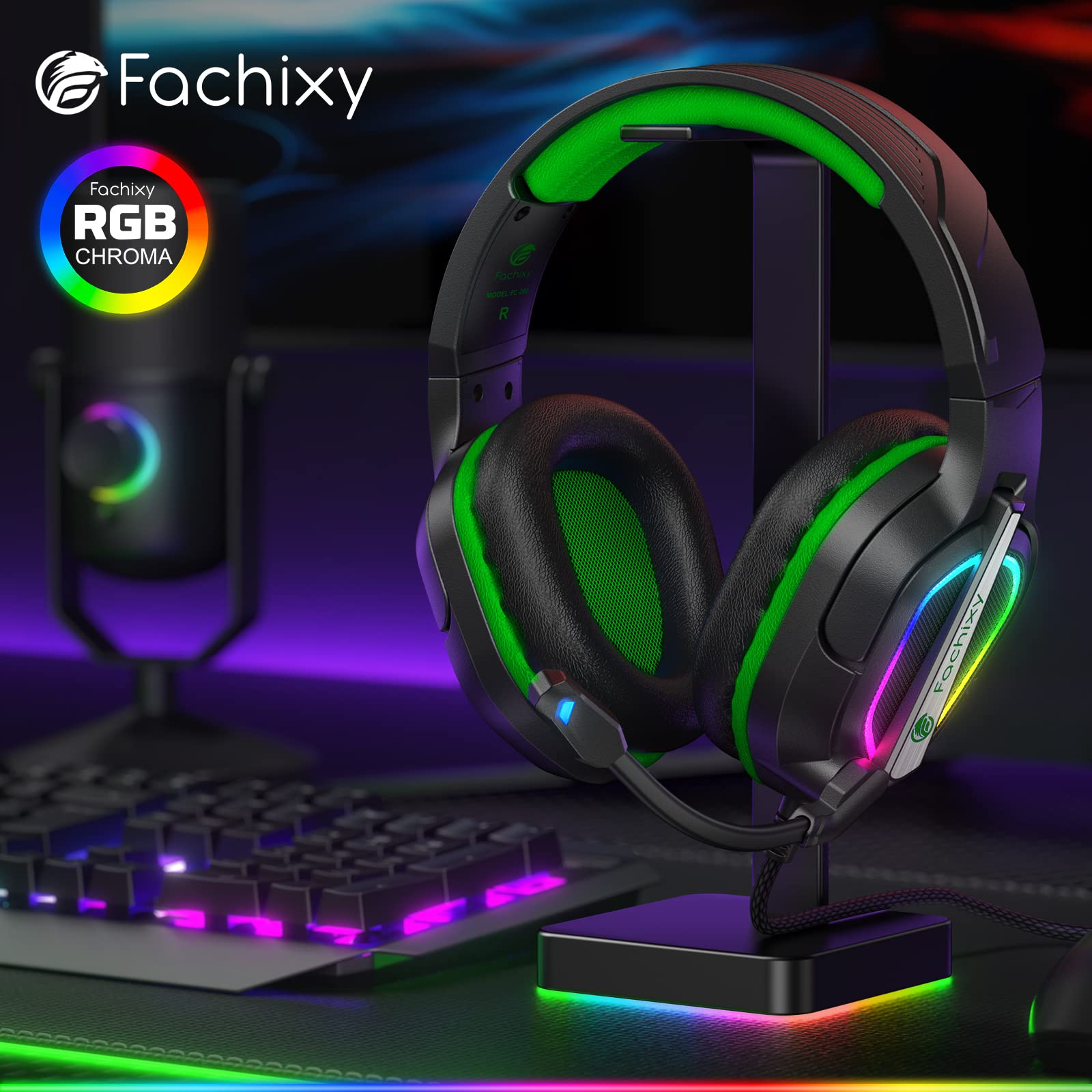 Fachixy FC-200 Cuffie da gioco pieghevoli con microfono ENC, 3,5 mm, RGB Nero Verde