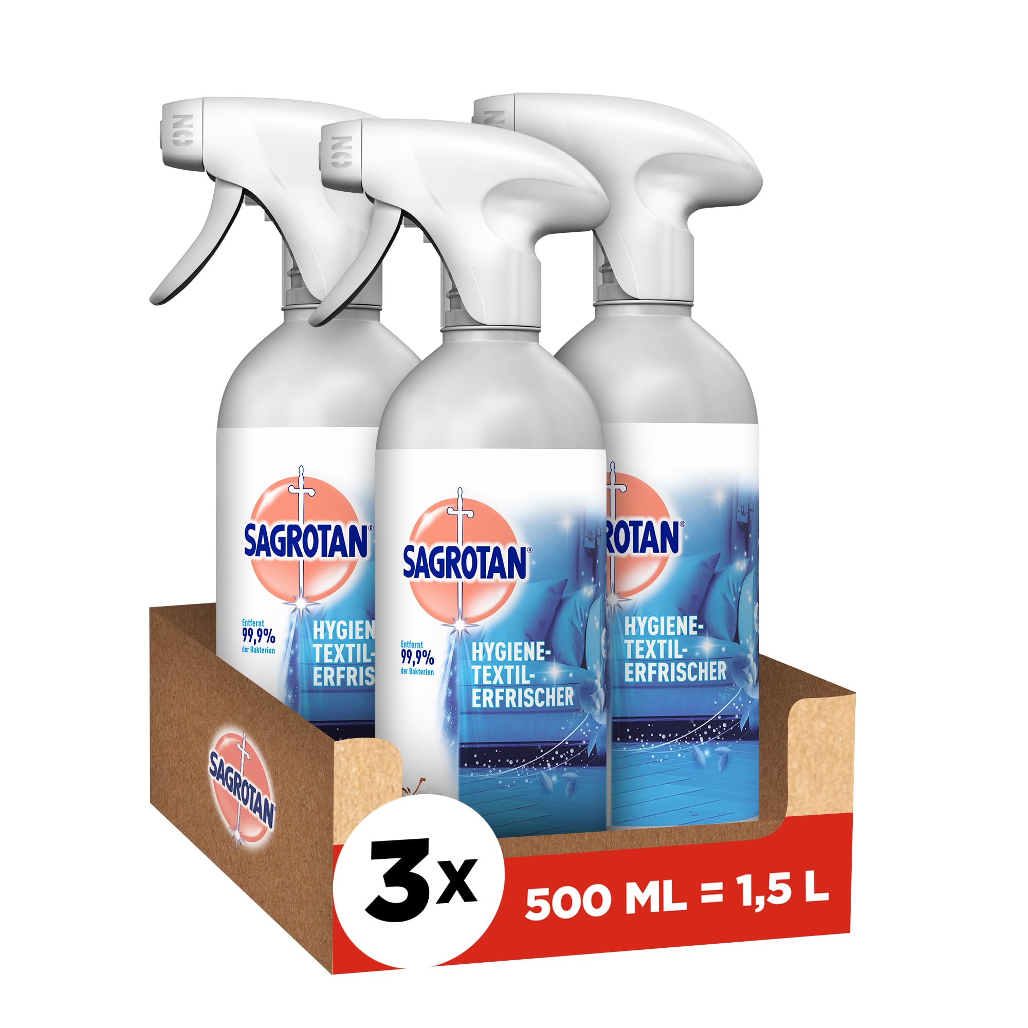 Sagrotan Hygiene-Textilerfrischer Frische Wäsche – Entfernt festsitzende Gerüche & geruchsbildende Bakterien – Für Kleidung & Wohntextilien – 3 x 500 ml