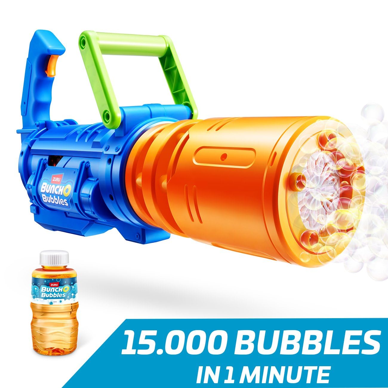 Bunch O Bubbles Gatling Seifenblasen-Blaster – Motorisierte XXL-Action mit LED-Effekt – 15.000 Bubbles pro Minute - Inkl. 250 ml Lösung - Ultimatives Party-Highlight