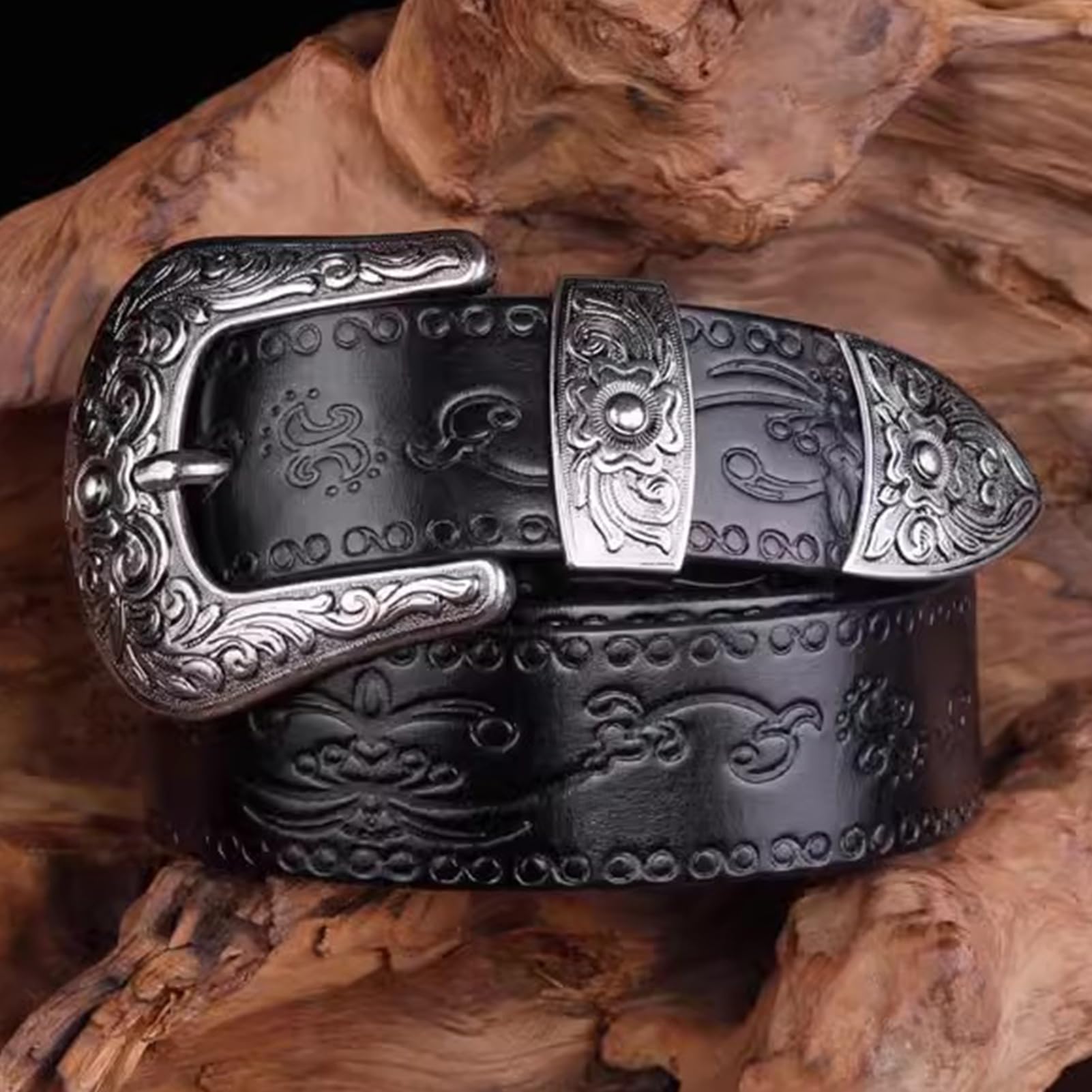 Cintura Western Country In Vera Pelle Con Grande Fibbia Vintage, Rilievo Floreale Per Cowboy Cowgirl E Jeans, Larghezza 35 Mm
