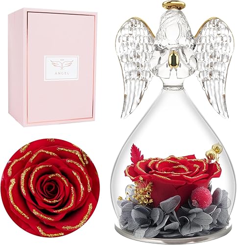 Miofula Regalos de rosas preservadas para mujeres, figuras de ángel para siempre, regalos de cumpleaños de rosas reales para mamá, abuela, esposa,