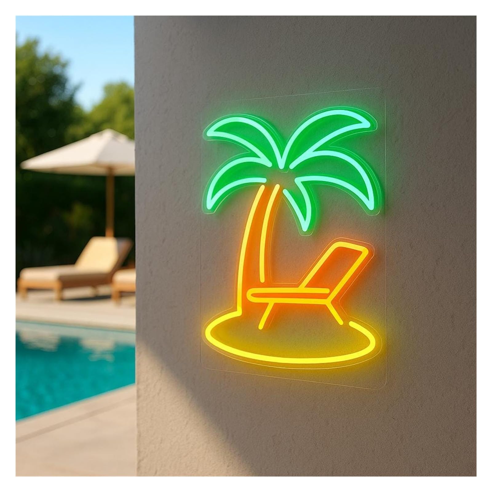 RONGCH Hanging Art Signs Pool Neon Sign Palm Tree and Lounger for Gameroom Bedroom Bar Livingroom Birthday Party Wall Decoration 50cm(H)
