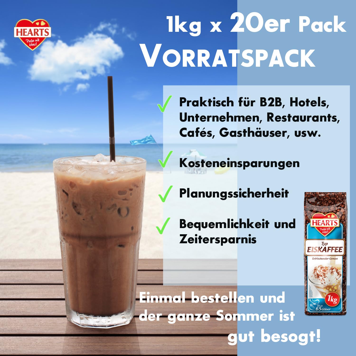 HEARTS kawa mrożona w proszku 20 x 1 kg, korzystne opakowanie idealne dla klientów biznesowych – zmielona kawa na lato, szybkie przygotowanie, Ice Coffee Frappe Art, letni napój z orzeźwiającą