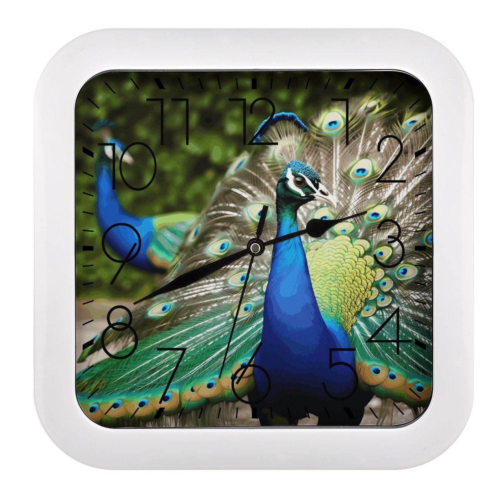 FekiLoot Beautiful Peacock Wall Clock 10.2" Modern Farmhouse Square Clocks Silent No Ticking, Wall Art and Timepiece Clock for Shelf Table Mantel Or Bedside Clocks