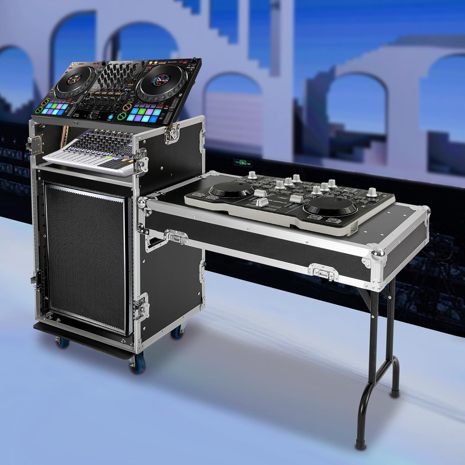 14U PA DJ Rack/Road Case with 2 Layers DJ Table Top, 14 Space Rack Case with Slant Mixer Top and Casters, Pro Tour Grade Electronic Equipment Storage