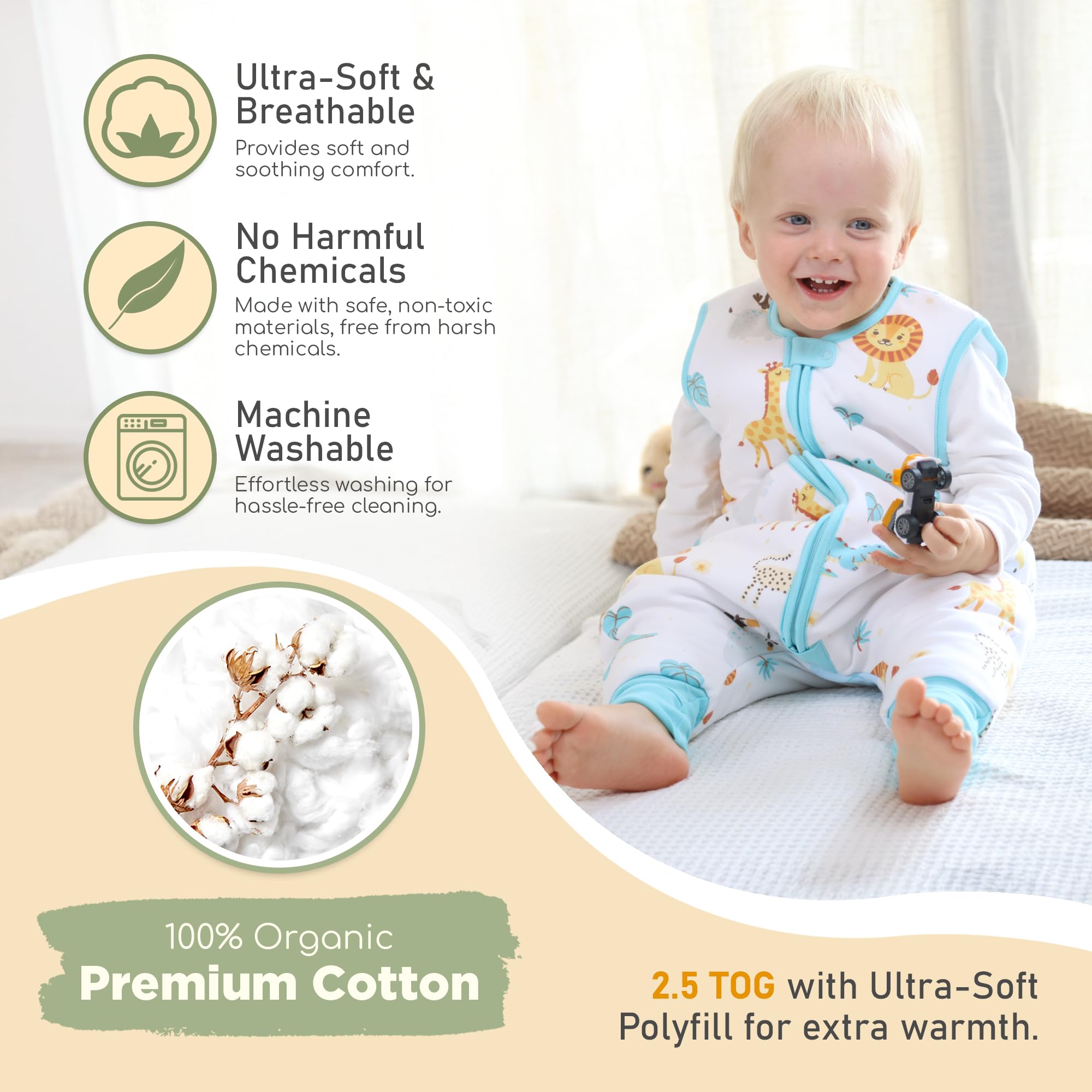 Mama Cheetah Toddler Sleep Sack with Feet, 6-18 Month, 2.5 TOG Organic Cotton Baby Sleeping Bag with Legs - Image 2