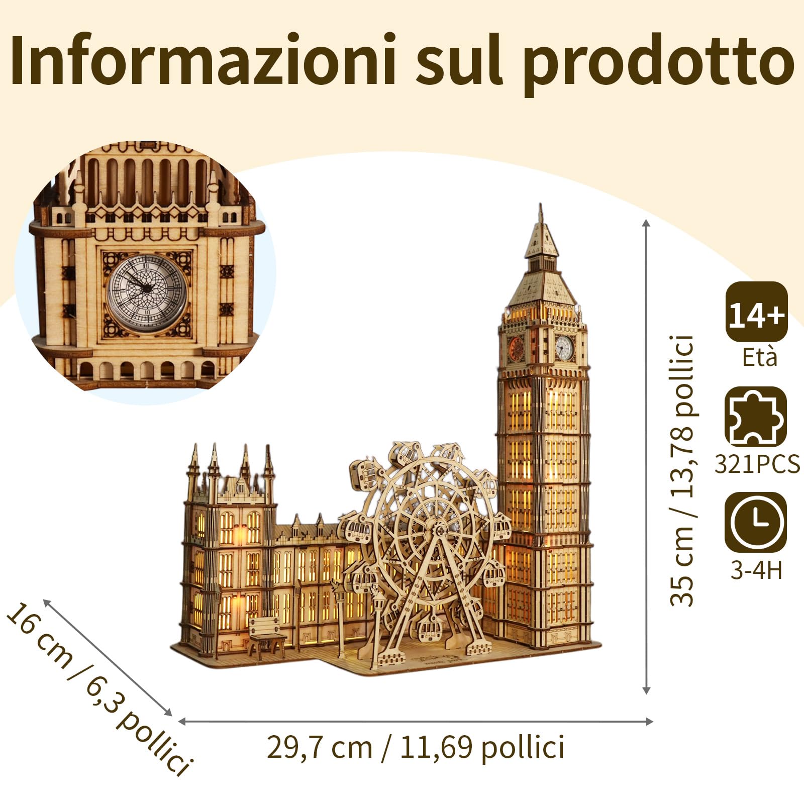 Puzzle 3D Big Ben Kit Modellismo - In Legno Con London Eye E 3 Modalità Di Luce, Passatempo Per Adulti, Bricolage Adulti, Puzzle in Legno Per Adulti, Regalo Speciale Per Compleanno