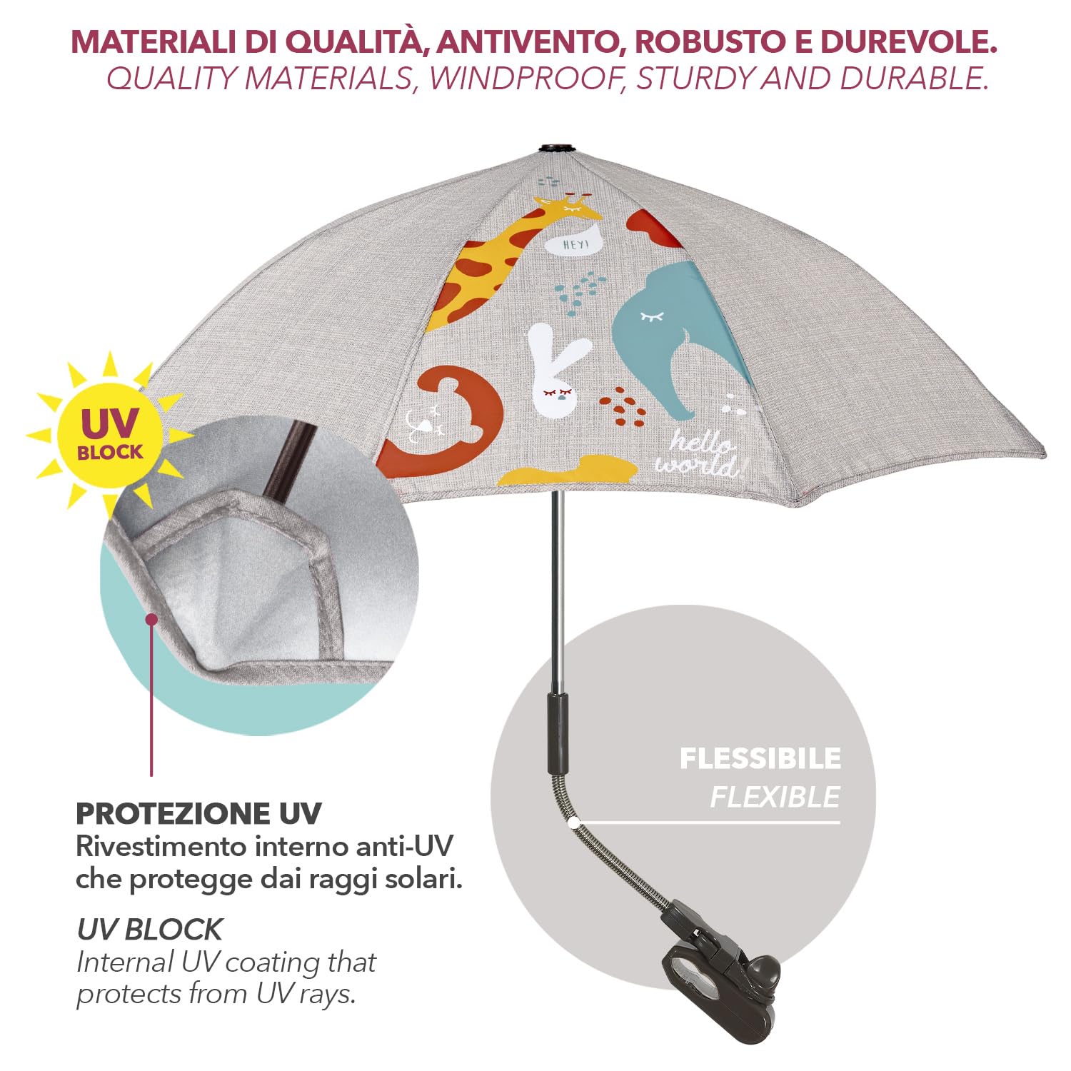 PERLETTI Uniwersalna Parasolka Przeciwsłoneczna do Wózka Anti-UV 50+ - Parasol Słońce Deszcz dla Niemowląt Dzieci ze Zwierzętami - Mini Parasolka Ręczna do Wózka Dziecięcego - Średnica 70 cm (Beżowy)