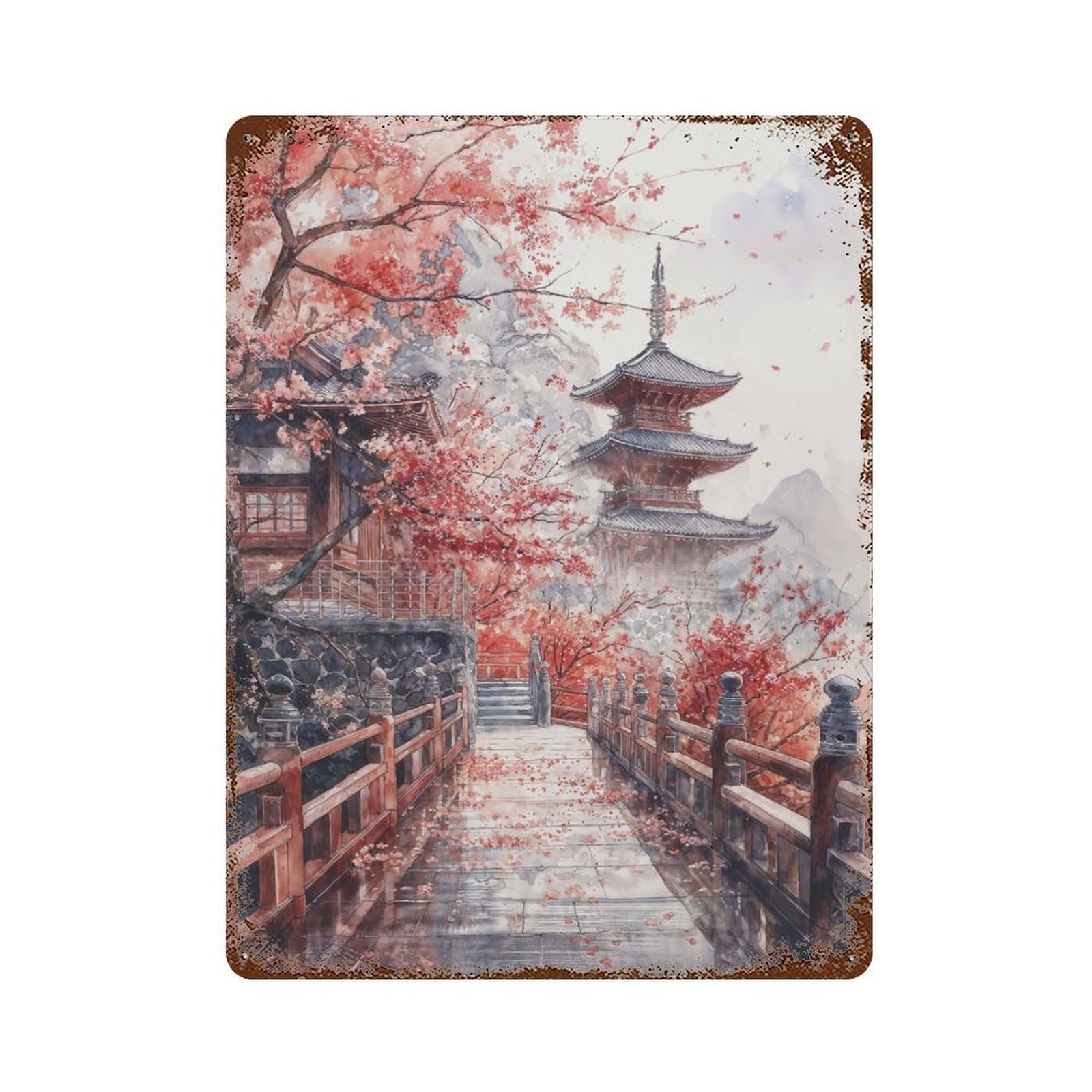 Rust Effect Japanese Sakura Temple Aged Metal Wall Plaque 15.7"x11.8", Rustic Home Decor for Bistro, Counter And Cafe Decor
